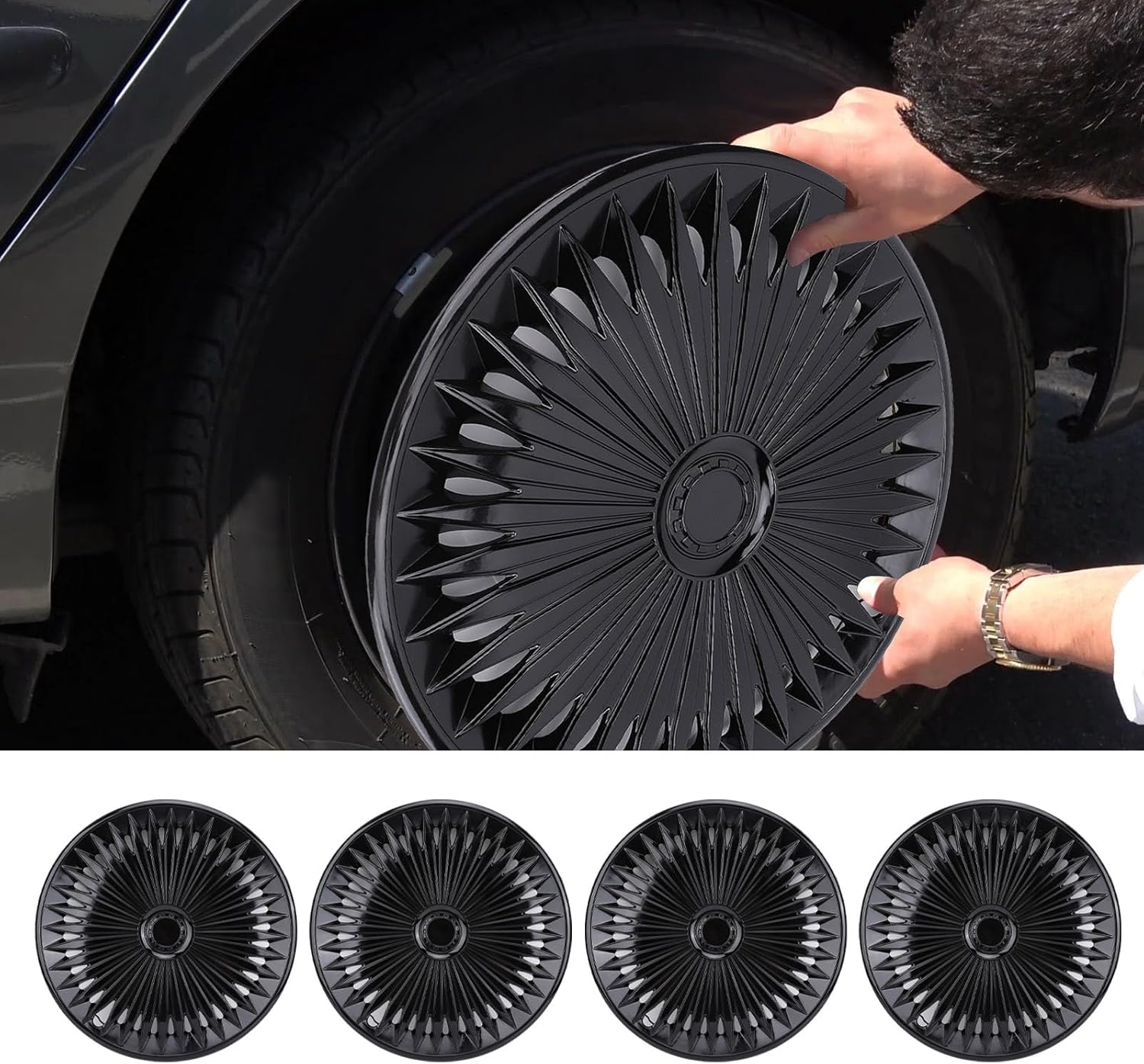 Jiawu Hubcaps, 17 Inch Wheel Hub Cap Set, R17 Hub Caps Universal Wheel Rim Cover ABS Material Exterior Accessories for Car Truck SUV, Set of 4, Easy Snap on Install, Wheel Guards (Black)