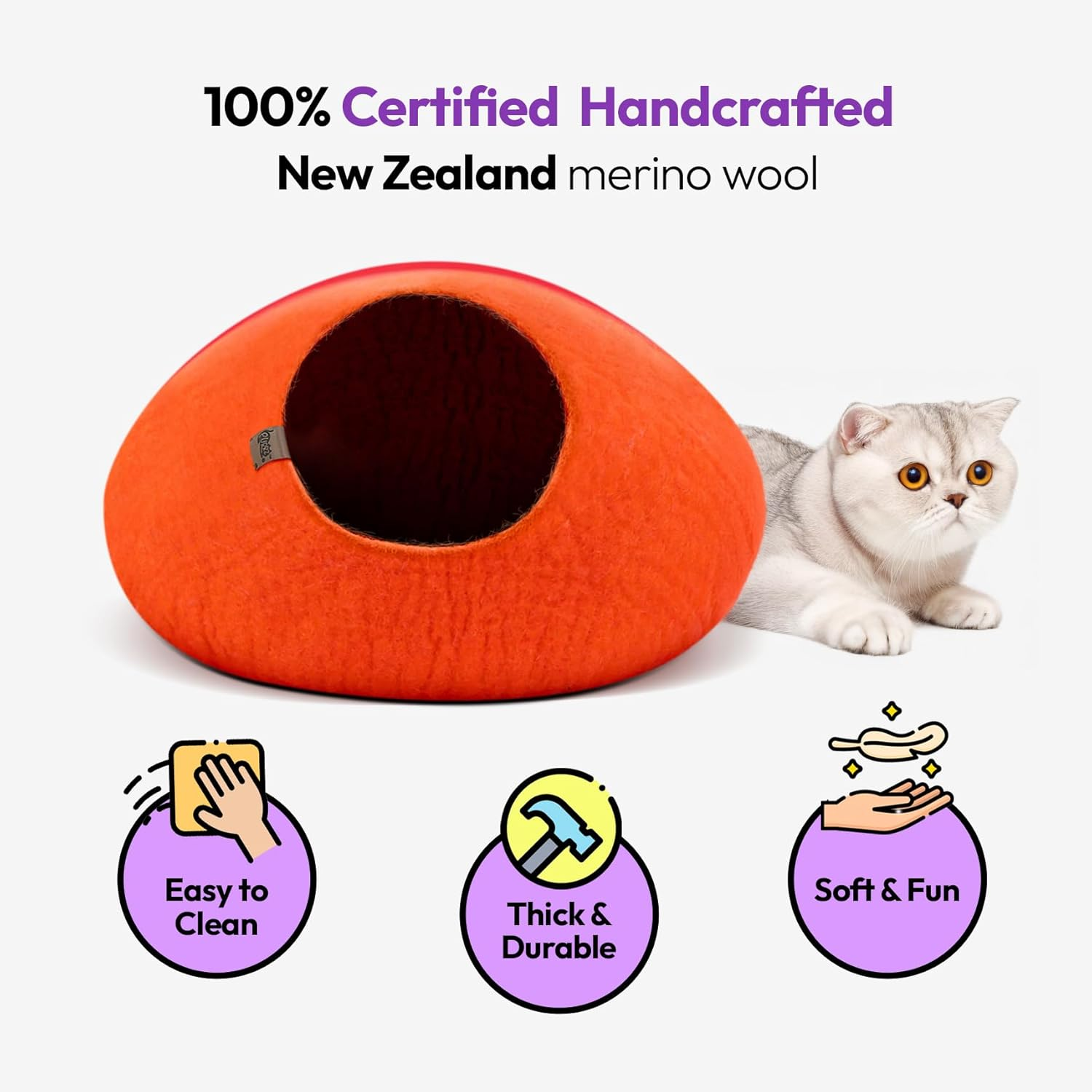 Eco Calming MOCHI Felt Cat Bed Cave (8 Designs) - Environmentally Friendly & Sustainable Handmade 100% Hypoallergenic Merino Wool Bed/House/Home/Pod/Cubby/Tent/Igloo for Cats, Kittens, Puppies and Small Dogs (Medium, Uluru) image number 5