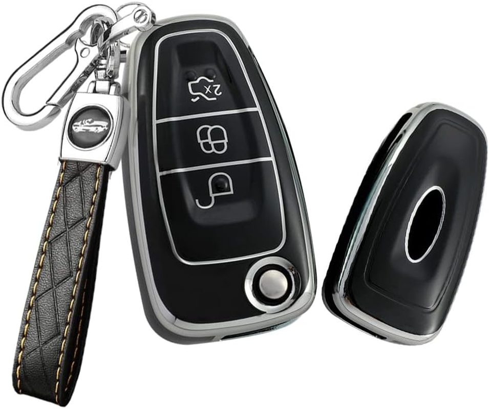 HIBEYO Flip 3 Button Key Fob Cover Compatible with Ford Focus 3 4 MK3 New Fiesta Mondeo Kuga Escape Ecosport Transit