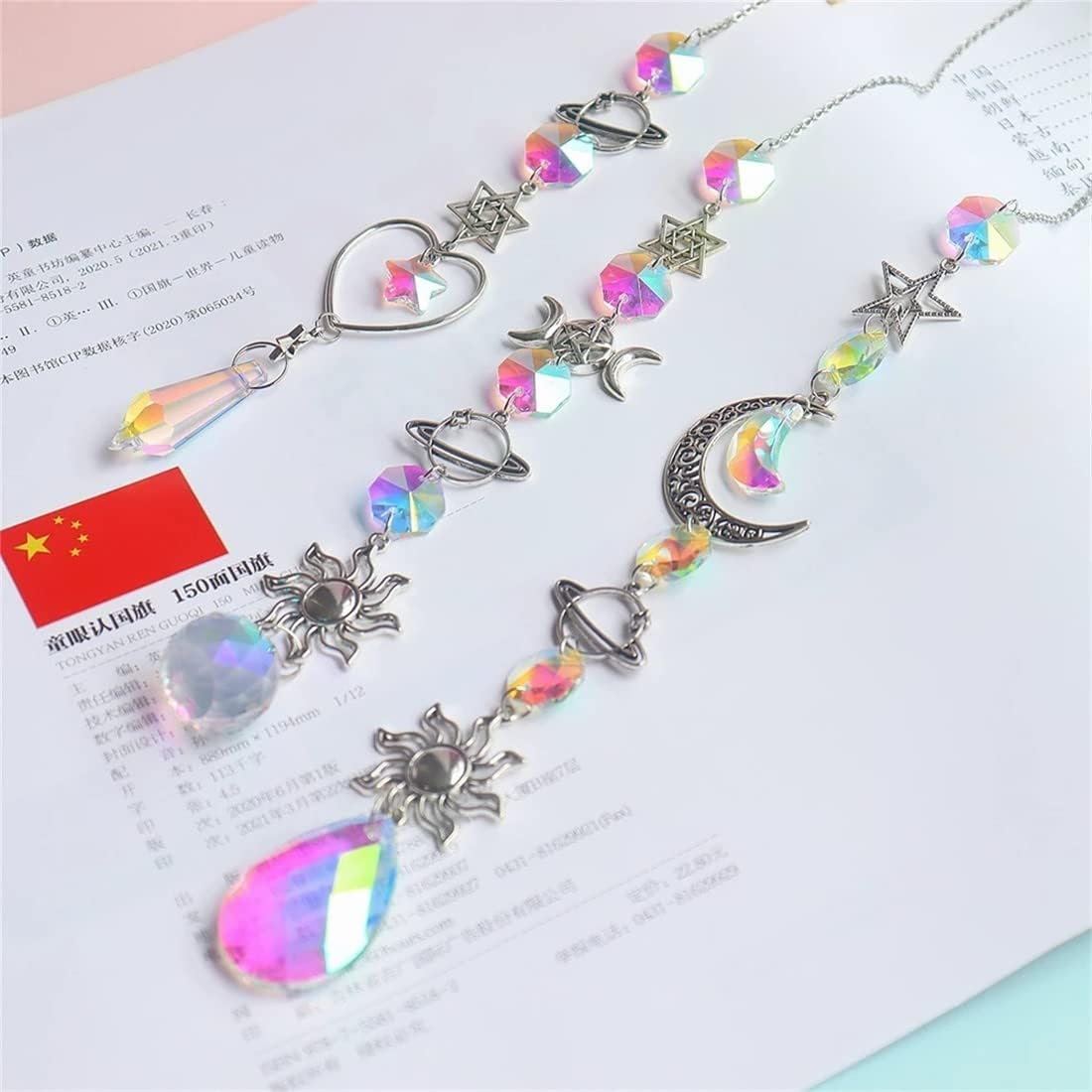 Infantly Bright Colorful Crystal Wind Chime, Moon Sun Light Catcher Diamond Prisms Pendant Dream Rainbow Chaser Maker Hanging Prism Drop Ornament Home Garden Decor Windchime Silver image number 1