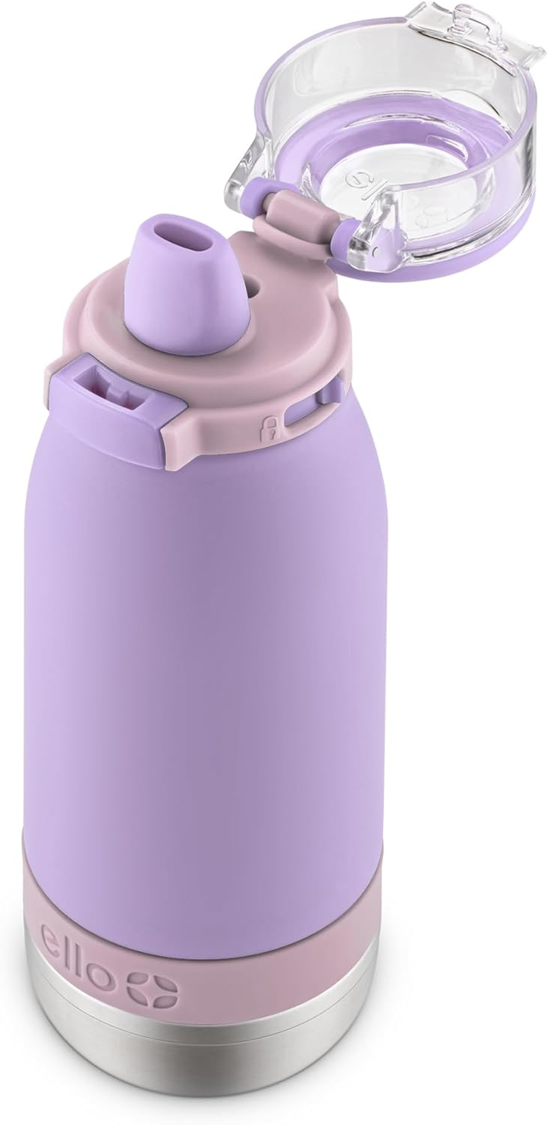 Ello Emma 14Oz Vacuum Insulated Stainless Steel Kids Water Bottle with Straw and Built-In Carrying Handle and Leak-Proof Locking Lid for School Backpack, Lunchbox and Outdoor Sports, Lilac image number 1