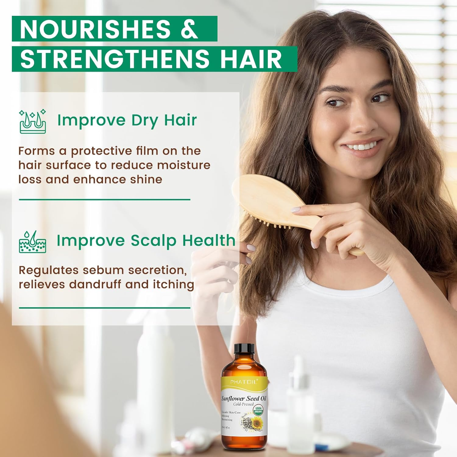 PHATOIL Organic Sunflower Seed Oil for Skin 118 Ml (4 Fl.Oz), USDA Certified Organic, Cold Pressed Sunflower Oil in Glass Bottle for Hair, Body Moisturizer, Carrier Oil for DIY, Massage image number 2