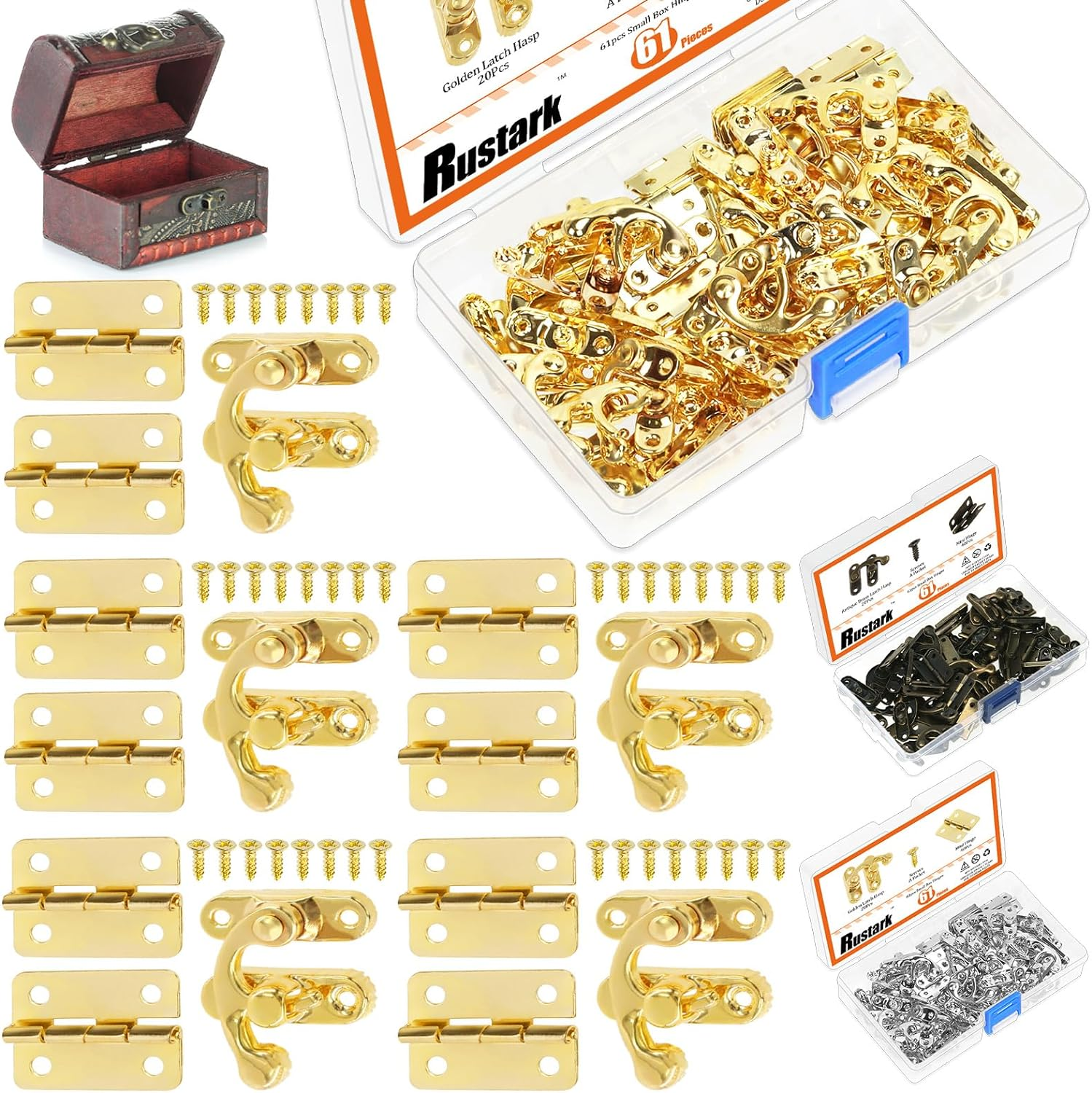 20 Sets Silver Antique Small Box Hinges Right Latch Hook Hasp Horn Lock Jewelry Box Hardware Antique Brass Latch Hook Clasp Mini Hinges for DIY Crafts Jewelry Wooden Box