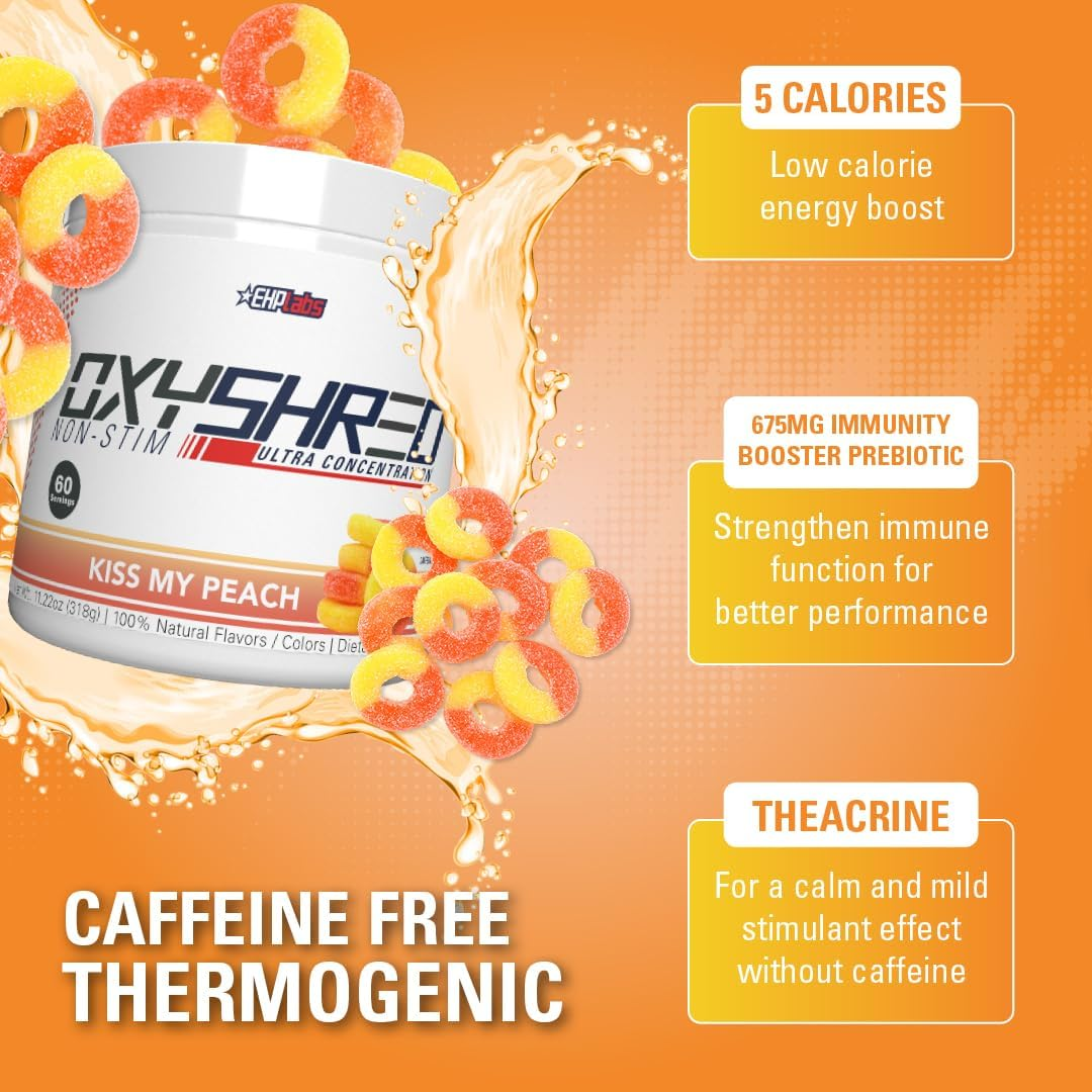 EHP Labs Oxyshred Non Stimulant Pre Workout Powder - Stim Free Pre Workout, Caffeine Free Preworkout for Men & Women - Non Stim Preworkout - Sugar Free Energy Powder - Peach, 60 Servings image number 2