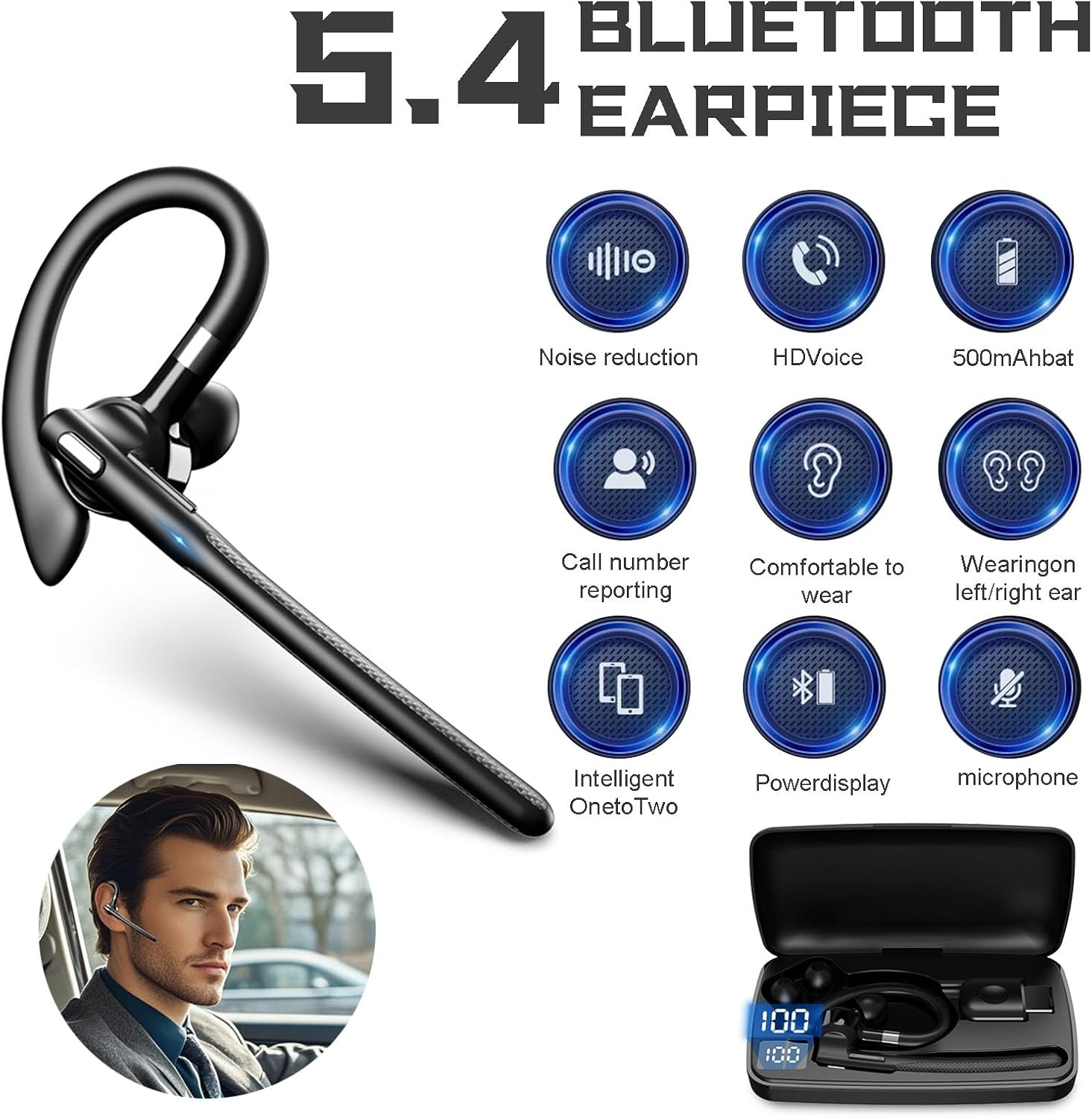 Bluetooth Headset, Wireless Bluetooth 5.4 Earpiece Single-Ear Headset Hands-Free Earphones,In Mic with Charging Case,Dualable Hands-Free Headphones with Built-In Mic for Work Trucker Office Meeting image number 3
