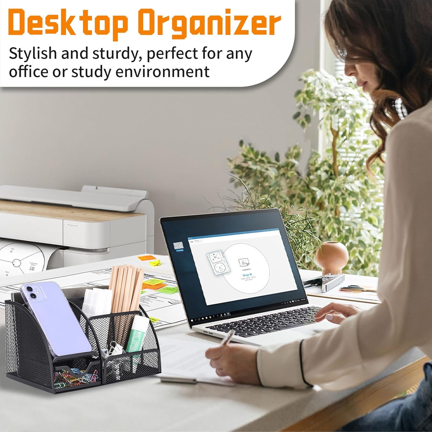 Mesh Desk Organiser with 6 Compartments and 1 Sliding Drawer, Multi-Functional Office Tidy Accessories, Metal Stationary Storage Pen Holder for Home, School, Pencil, Key, Scissors, Paper Clip (Black) image number 3