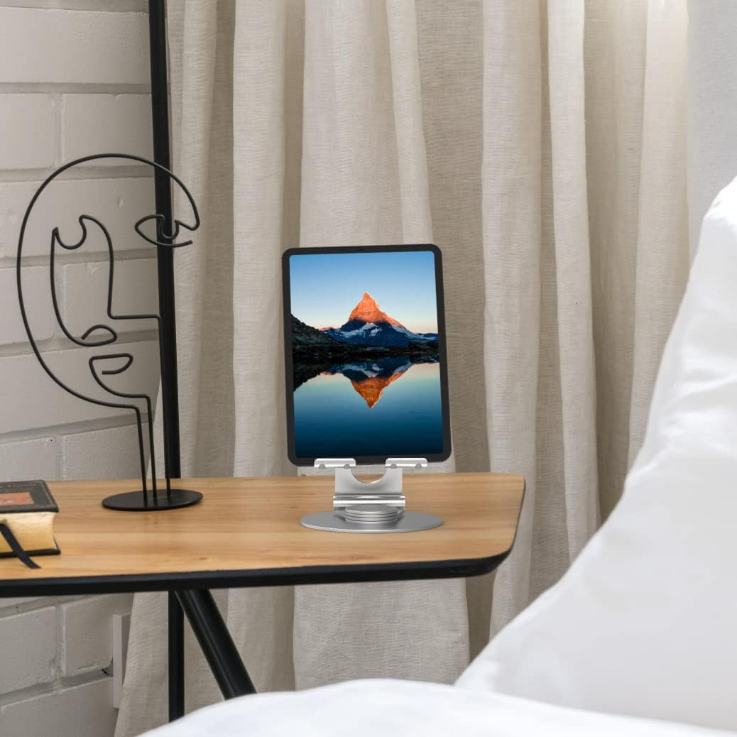 KABCON Swivel Tablet Stand, Aluminum Portable 360&deg;Rotating Holder for Desk,Business,Kitchen,Desktop,Table Stand for Ipad Pro 9.7,10.5,12.9/Air Mini,Tab,Fire,Nexus,E-Reader-Silver - T57-Black image number 4