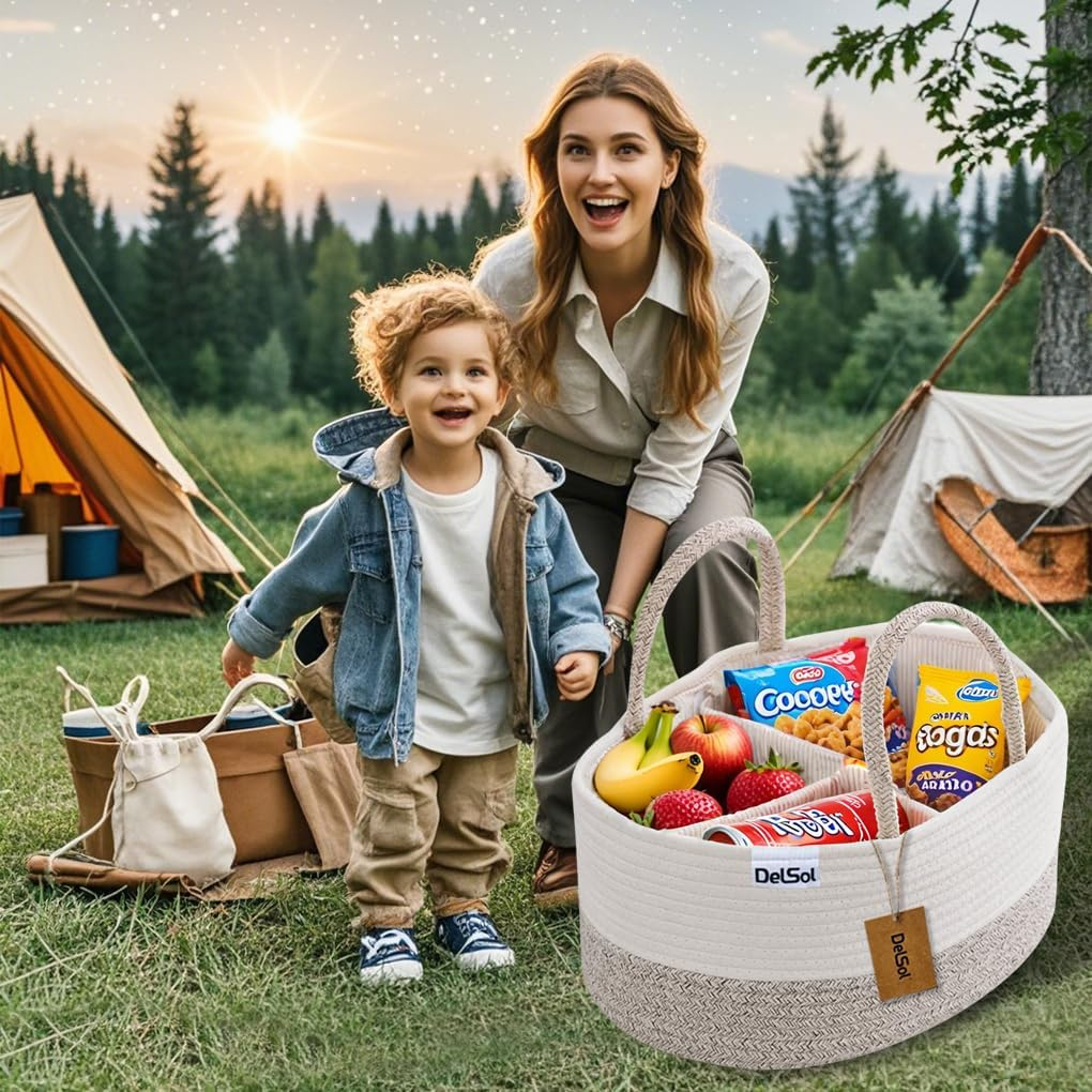 Delsol Cotton Rope Diaper Caddy Organizer, Large Nursery Baby Basket, Changing Table Organizer for Baby Diaper Storage, Portable Car Organizer with Removable Divider, Baby Shower image number 3