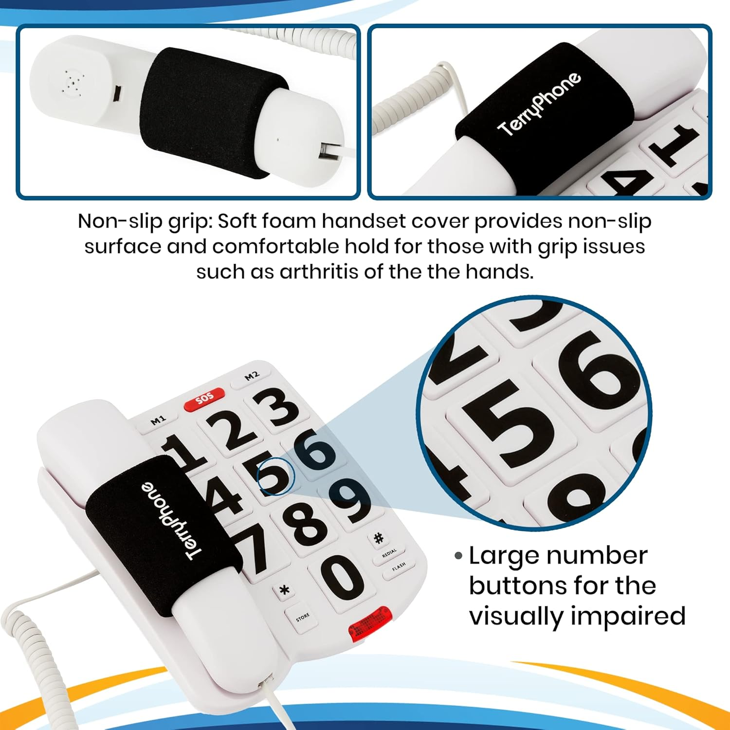 Big Button Phone for Seniors - Corded Landline Telephone - Large Buttons and One-Touch Dialling for Visually Impaired - 80 Db Amplified Ringer for Hearing Impaired, Ergonomic Non-Slip Grip image number 6