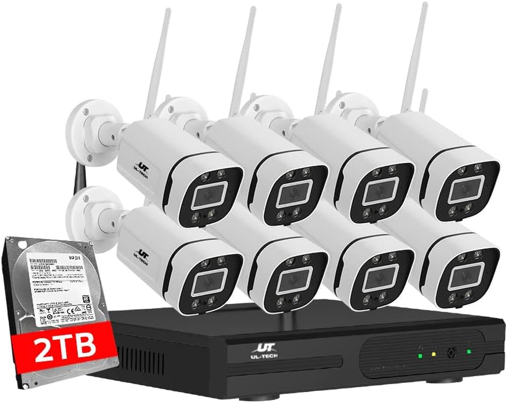 UL-TECH Set of 8 Security Camera, 8 Channel Wireless Surveillance Pet Cameras Hidden CCTV Monitor Wifi Home Safe Outdoor Indoor System, 3Mp Full HD NVR P2P with Built in Ir-Cut White