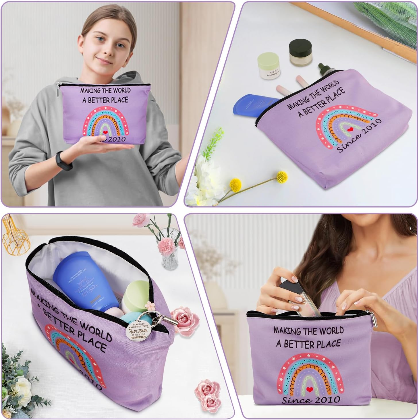 Yeohjoy 15Th Birthday Gifts for Girls: Purple Rainbow Makeup Bag & Inspirational Keychain, Perfect for Daughter, Niece, Granddaughter, Travel & Daily Use