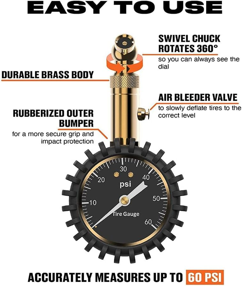 Tire Pressure Gauge - (0-60 PSI) Heavy Duty, Accurate with Glow Dial, Low - High Air Pressure Gauge