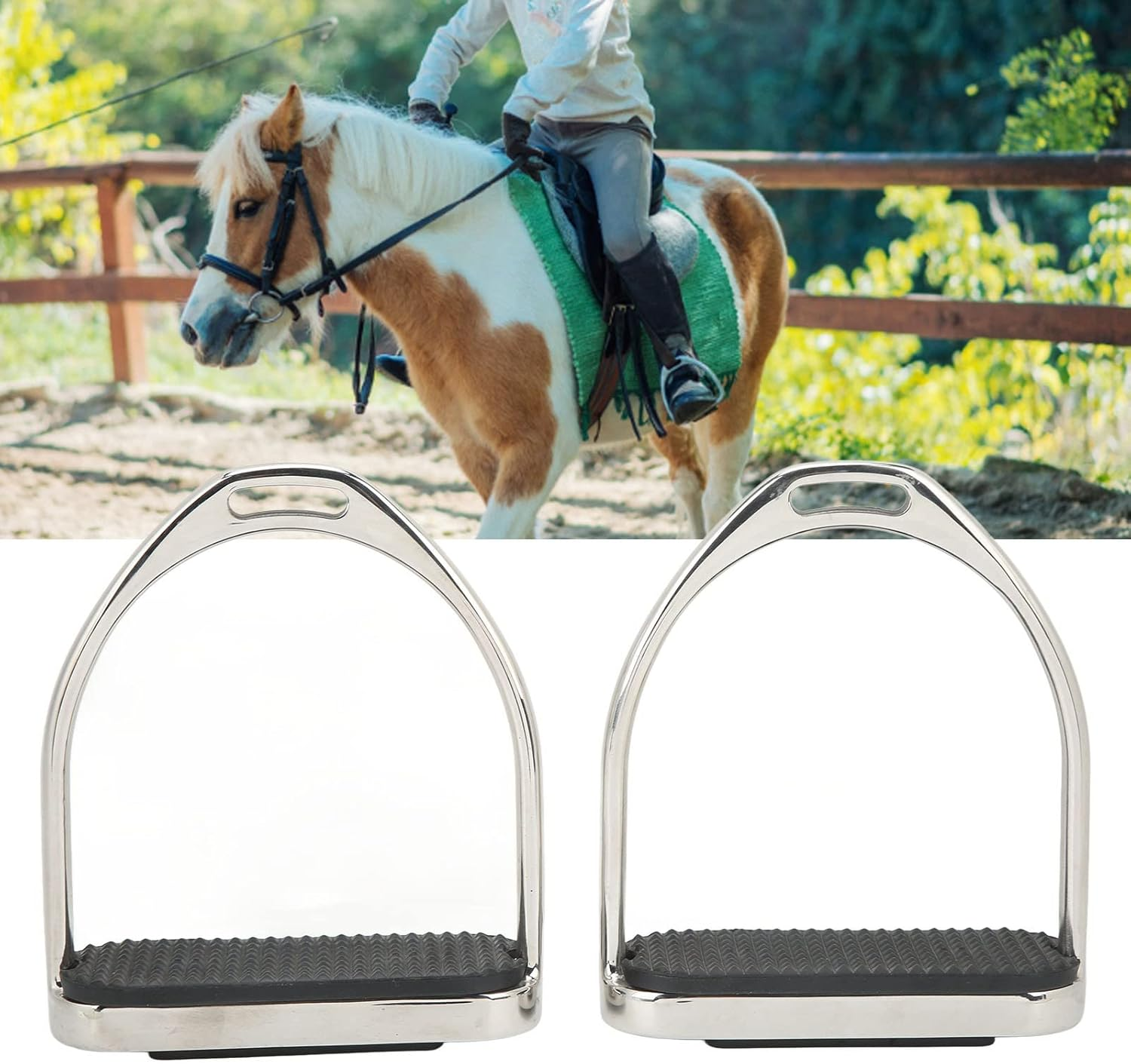 Horse Riding Stirrups, 1 Pair Stainless Steel English Riding Protection Stirrups with anti Skid Horse Pedal for Saddle, Multipurpose Horse Riding Safety Stirrups Equestrian Saddles Accessories image number 3