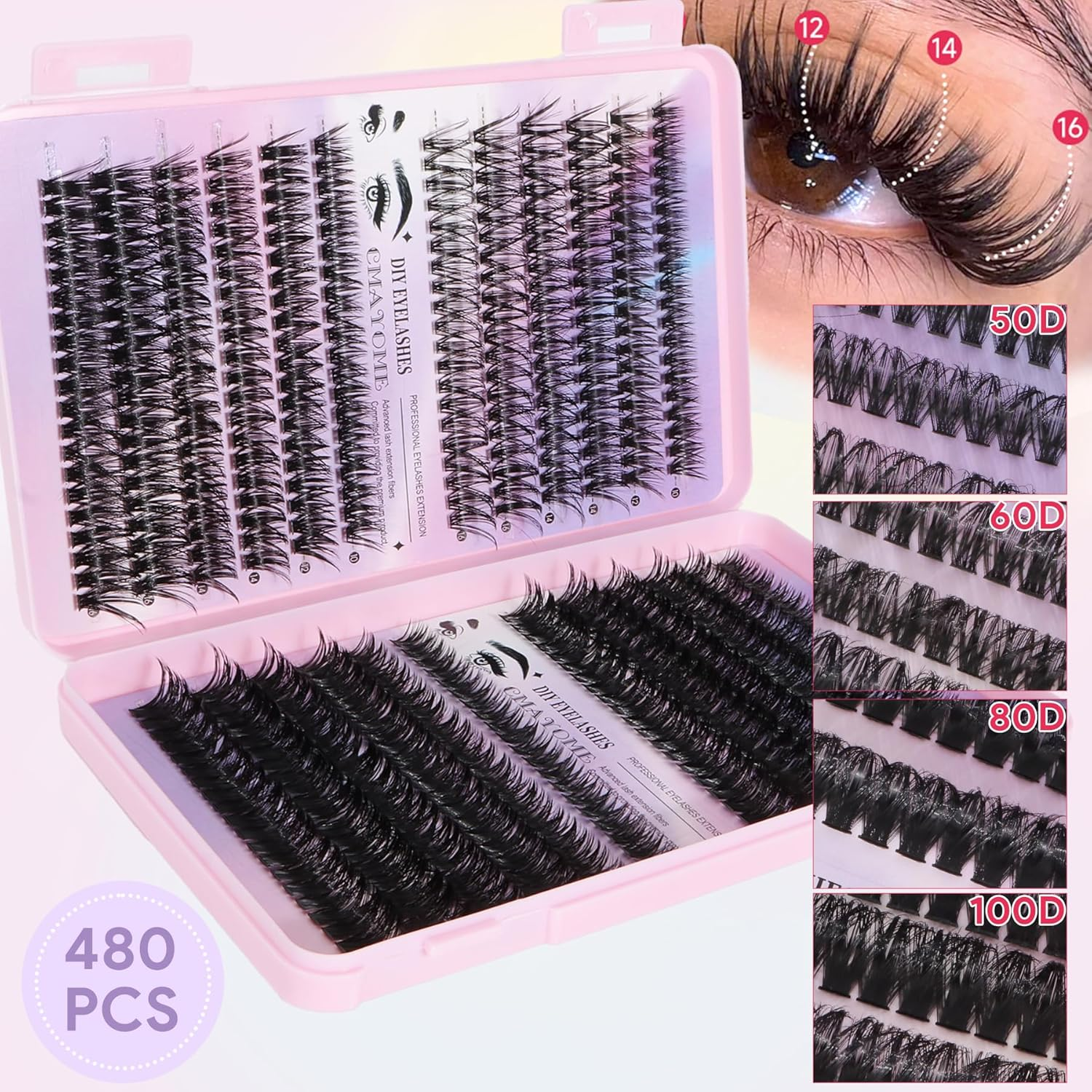 Lash Extension Kit- 480Pcs DIY Clusters D Curl Eyelashes 10-16Mm Individual Lashes 50D 60D 80D 100D with Lash Bond and Seal, Tweezer & Brush, Natural Look, Easy At-Home Application image number 3