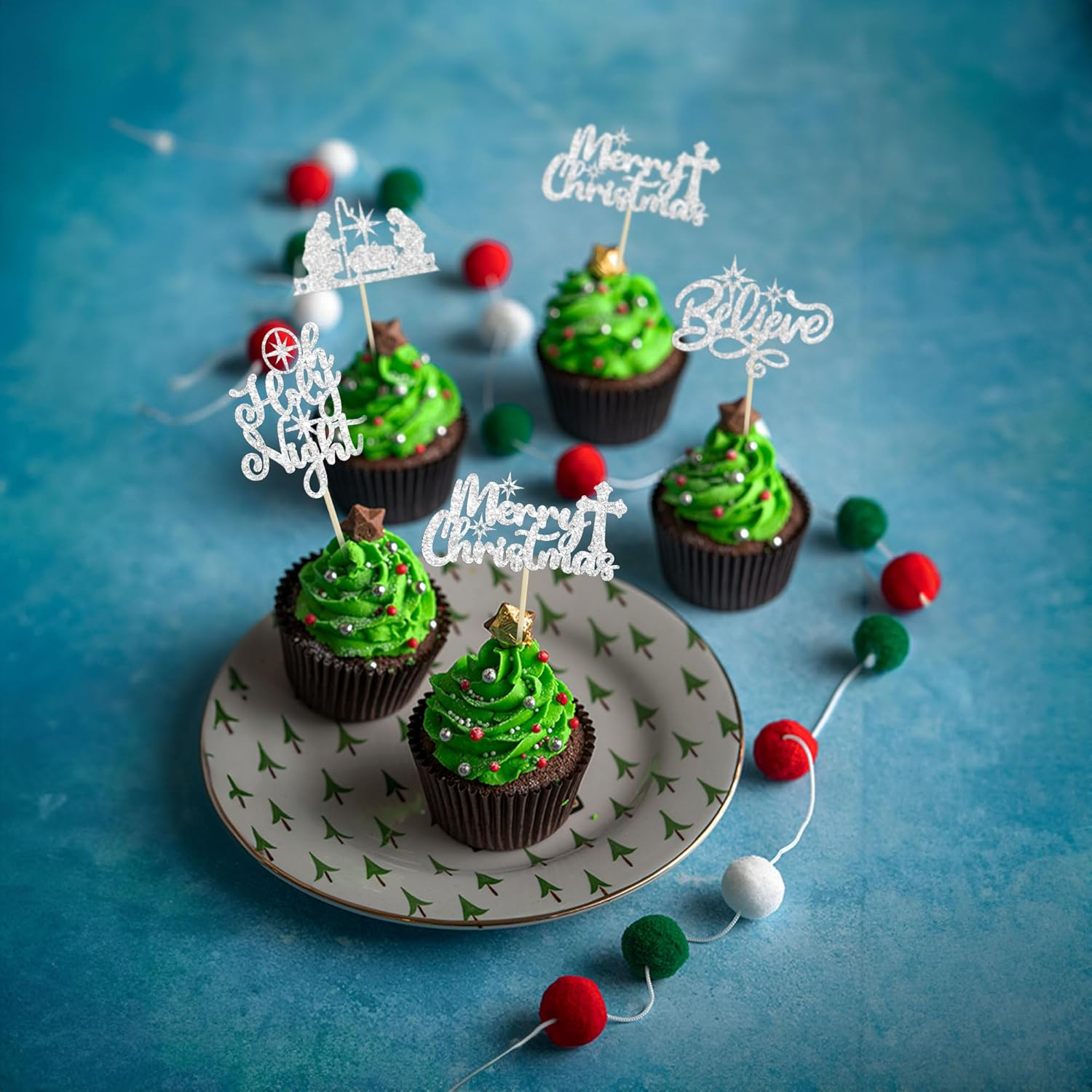 24Pcs Merry Christmas Nativity Cupcake Toppers Glitter Holy Night Blessed Hope Believe Jesus Birthday Cupcake Picks for Nativity Scene Theme Christmas Party Supplies Silver image number 3