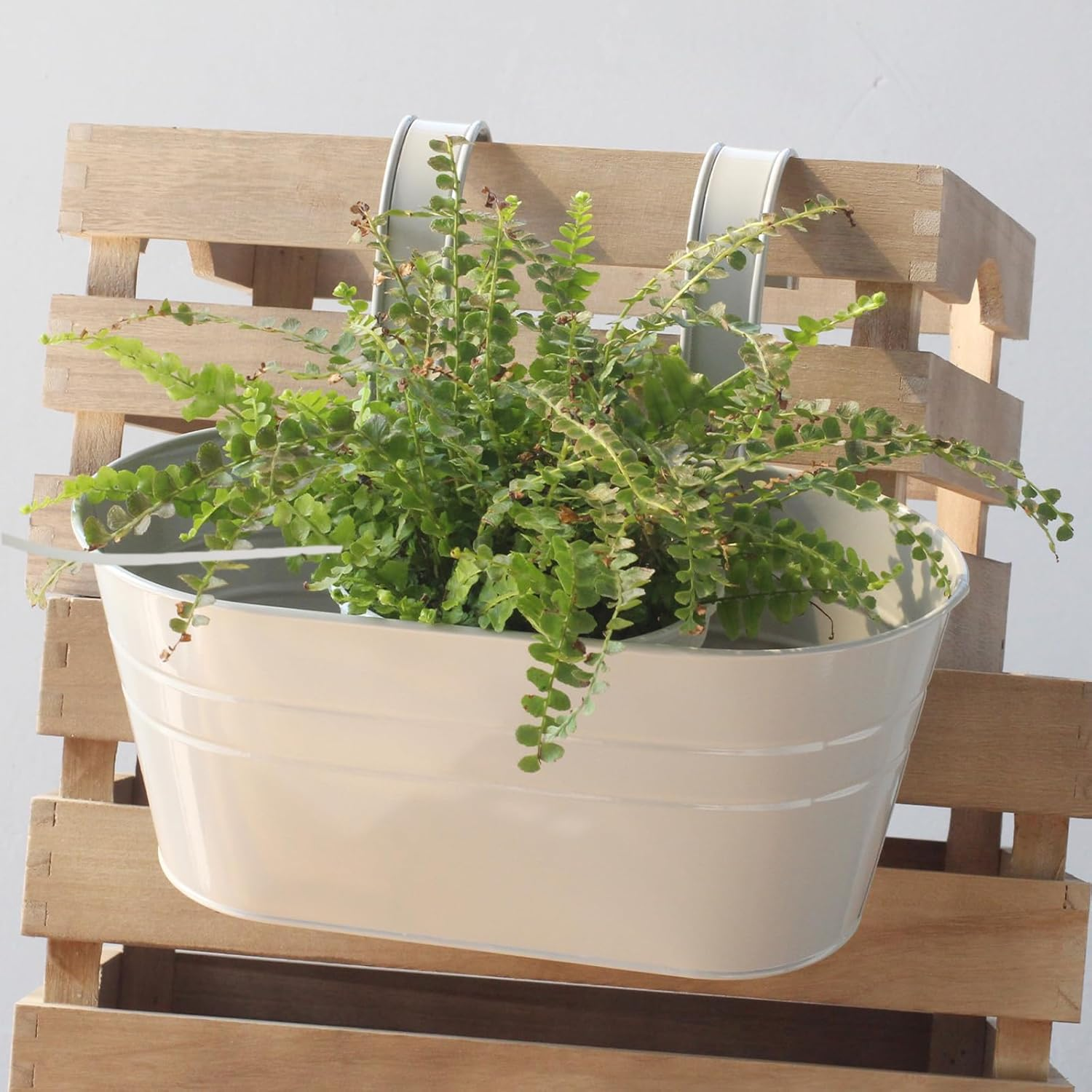 4 Pcs Balcony Railing Planters, Porch Fence Railing Planters, Metal Iron Hanging Flower Pots Fence Planters for Outdoor Plants and Flowers with Detachable Hooks