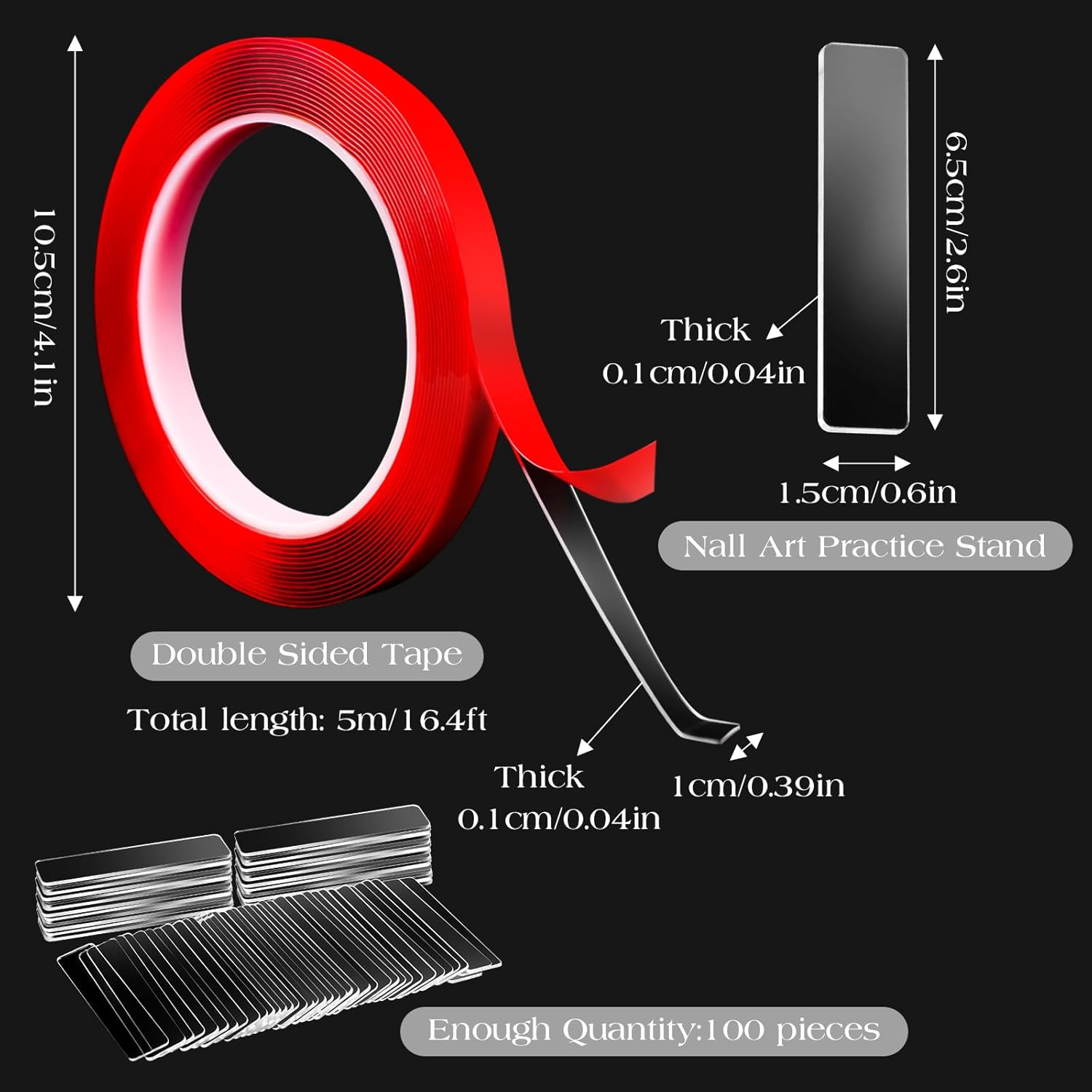 100Pieces Transparent Nail Display Stand Holder with 9.8Ft Double Sided Tape Nail Boxes Packaging for Press on Nail Art Acrylic Fake Nail Tips Display Stand with Removable Mounting Tape for Nail Salon image number 2