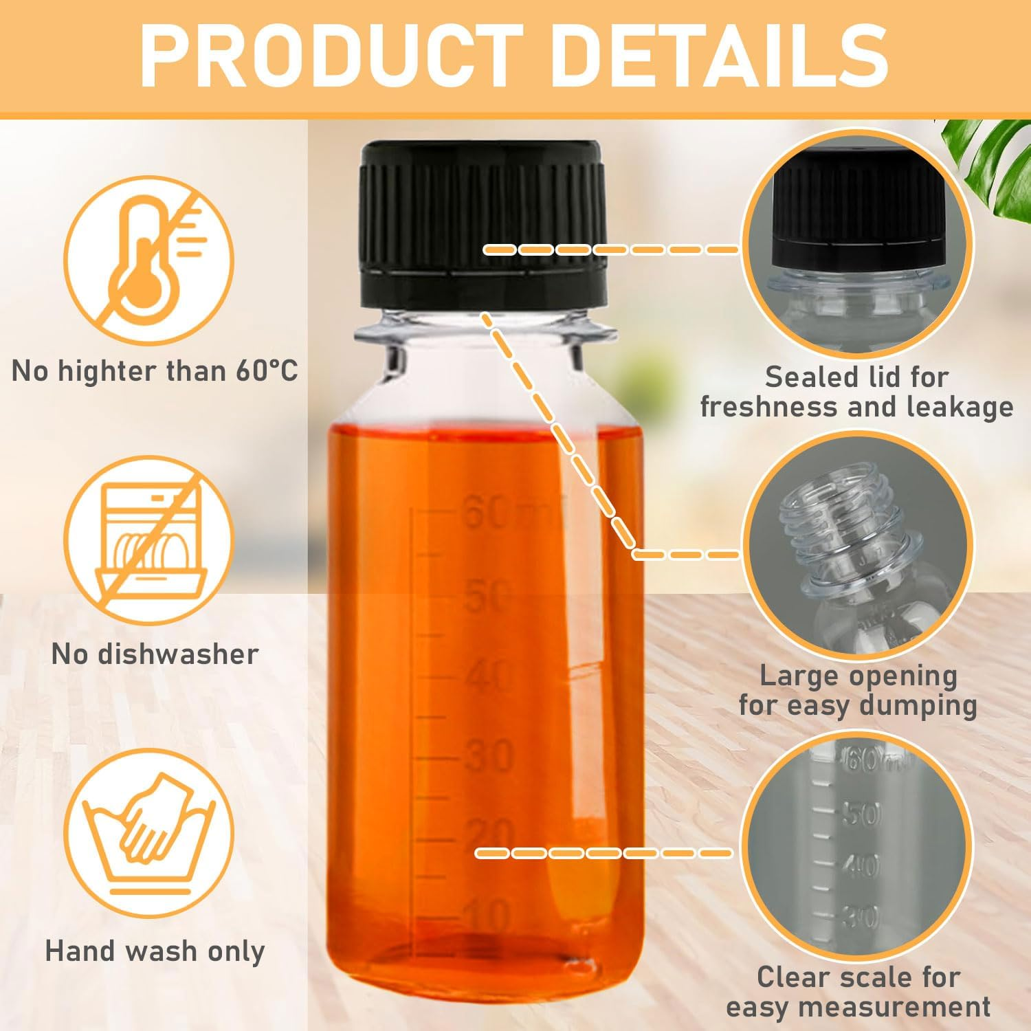 45 Pcs Mini Liquor Bottles, 2Oz Mini Empty Plastic Alcohol Shot Bottles, Plastic Flasks with Black Lid, 48 round Stickers, 2 Funnels and 1 Cleaning Brush, Suitable for Weddings, Parties, Camping image number 2