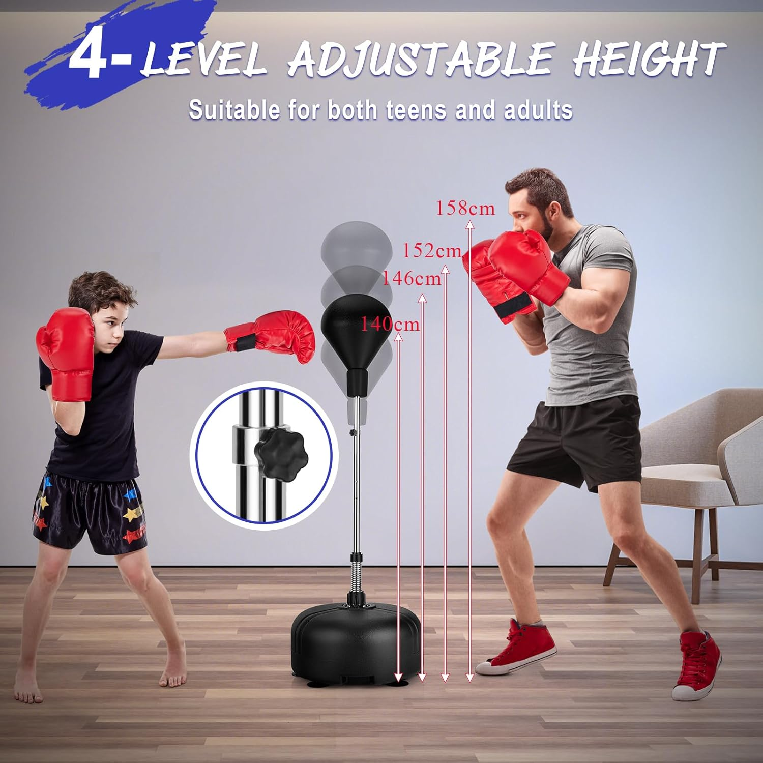 Costway Punching Bag with Stand, Speed Bag for Adults Kids, 4-Position Adjustable Height Setting, Stable Suction Cups, Integrated PU, Breathable Boxing Gloves, Easy to Transport, Reflex Bag for Home - Red image number 7