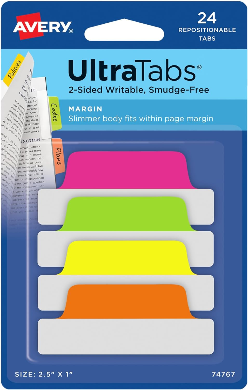 Avery Margin Ultra Tabs, 2.5" X 1", 2-Side Writable, Assorted Pastel Colors, 24 Repositionable Tabs (74769)