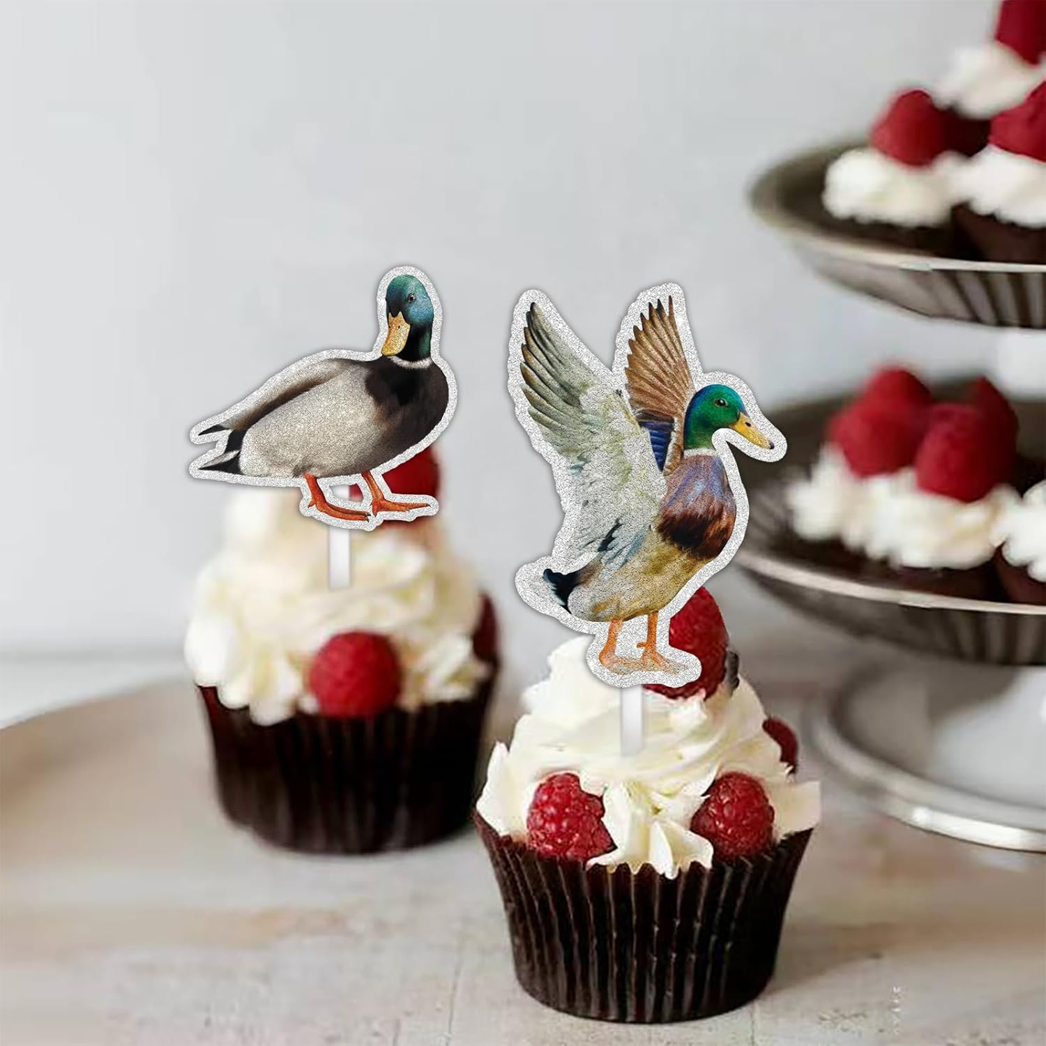 18Pcs Glitter Wild Duck Dessert Cupcake Topper Pick for Animal Duck Adventure Movie Theme Decor Supplies Baby Shower Boys Girls Happy Birthday Party Decorations image number 2