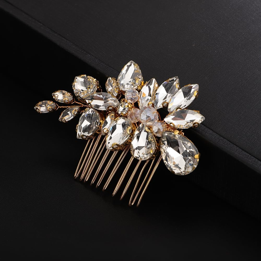 Teyglen Crystal Bridal Rhinestone Hair Comb Headpiece with Sparkly Rhinestones for Women and Girls (Gold)