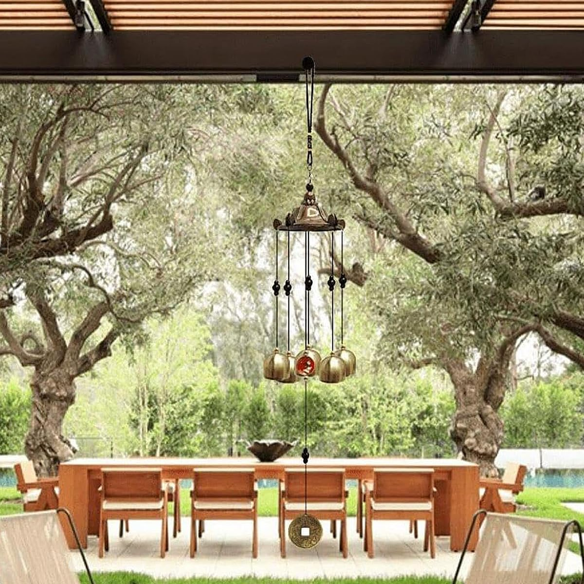 AIMALL Wujiaoting Metal Dragon Wind Bell Pendant - Traditional Feng Shui Wind Chime with Dragon Design, 21.1In Hanging Ornament for Home and Garden D&eacute;cor, Lucky Charm, 5 Bells and Lucky Coin