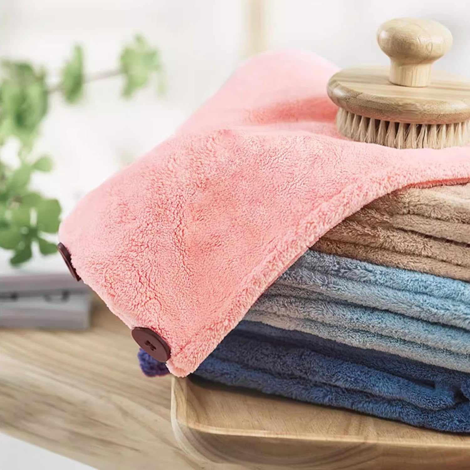 Huotflame Microfibre Hair Turban Set of 2 - Super Absorbent & Quick-Drying Women'S Towel Turban for Hair - Coral Fleece Head Towel with Button in Pink & Grey - 25 X 65 Cm Microfibre Towel image number 4