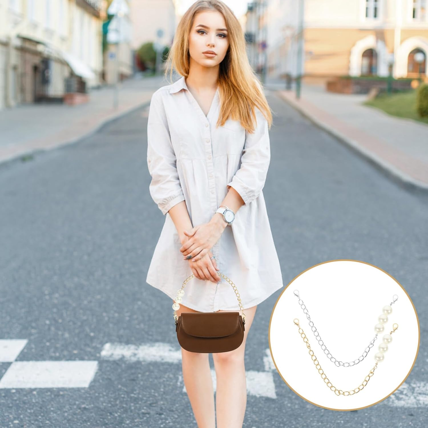 TEHAUX 4Pcs Pearl Covered Chain for Bag Replacement DIY Handbag Purse Chain Decorative image number 4