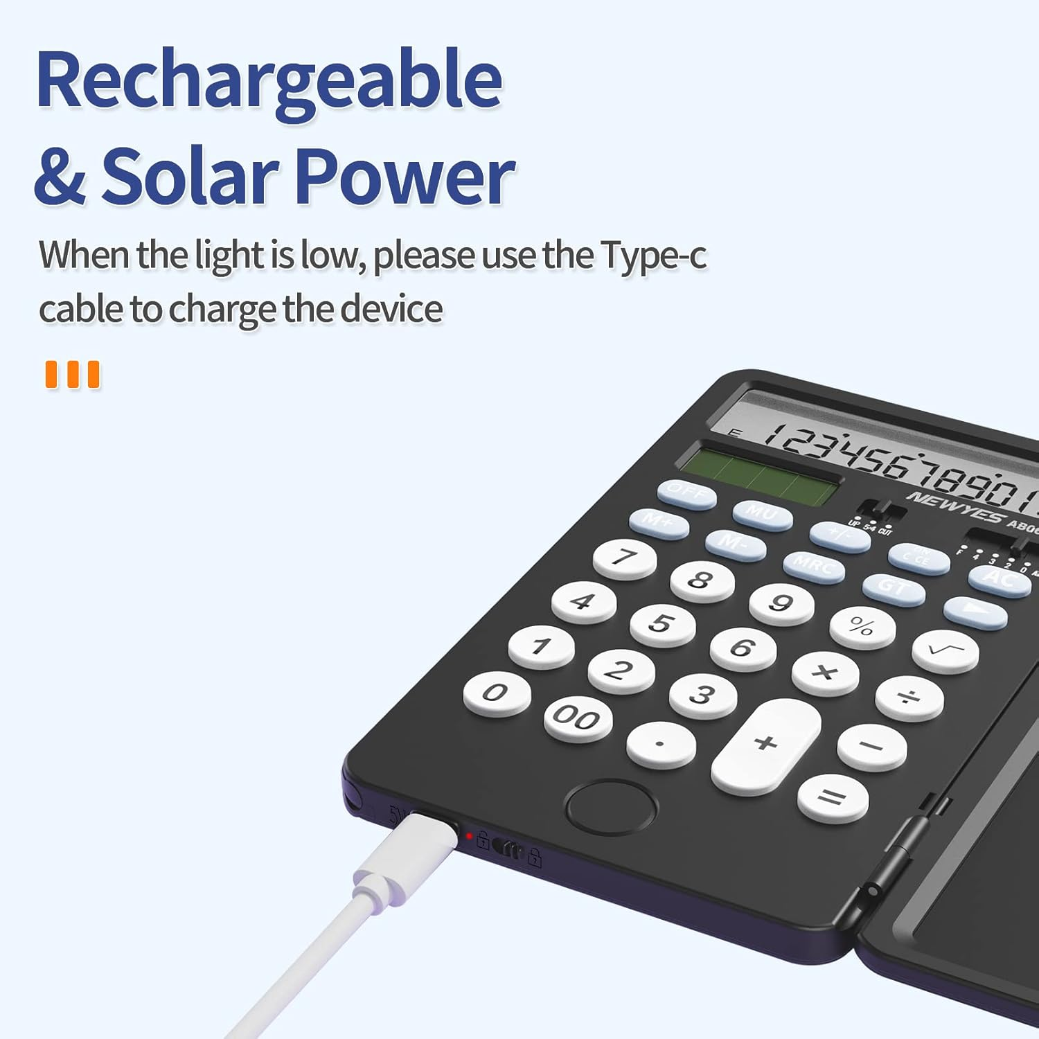 NEWYES Portable Calculator with Notepad, ROATEE Basic Calculator with Writing Tablet,12 Digits Large Display Rechargeable Solar Power Desk Calculator for Office, School AB0608 - Black image number 2