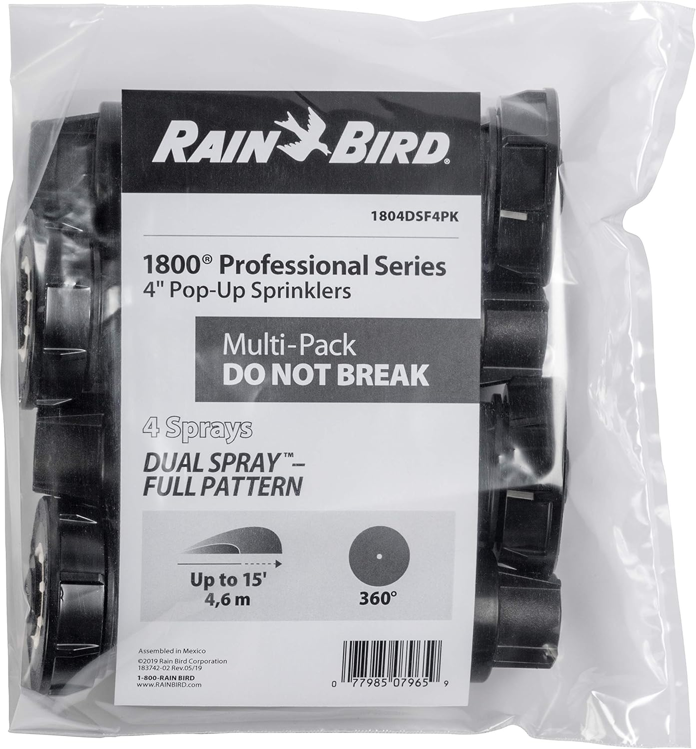 Rain Bird 1804DSF4PK Professional Dual Spray Pop-Up Sprinkler, 360&deg; Full Circle Pattern, 8' - 15' Spray Distance, 4" Pop-Up Height, 4-Pack image number 4