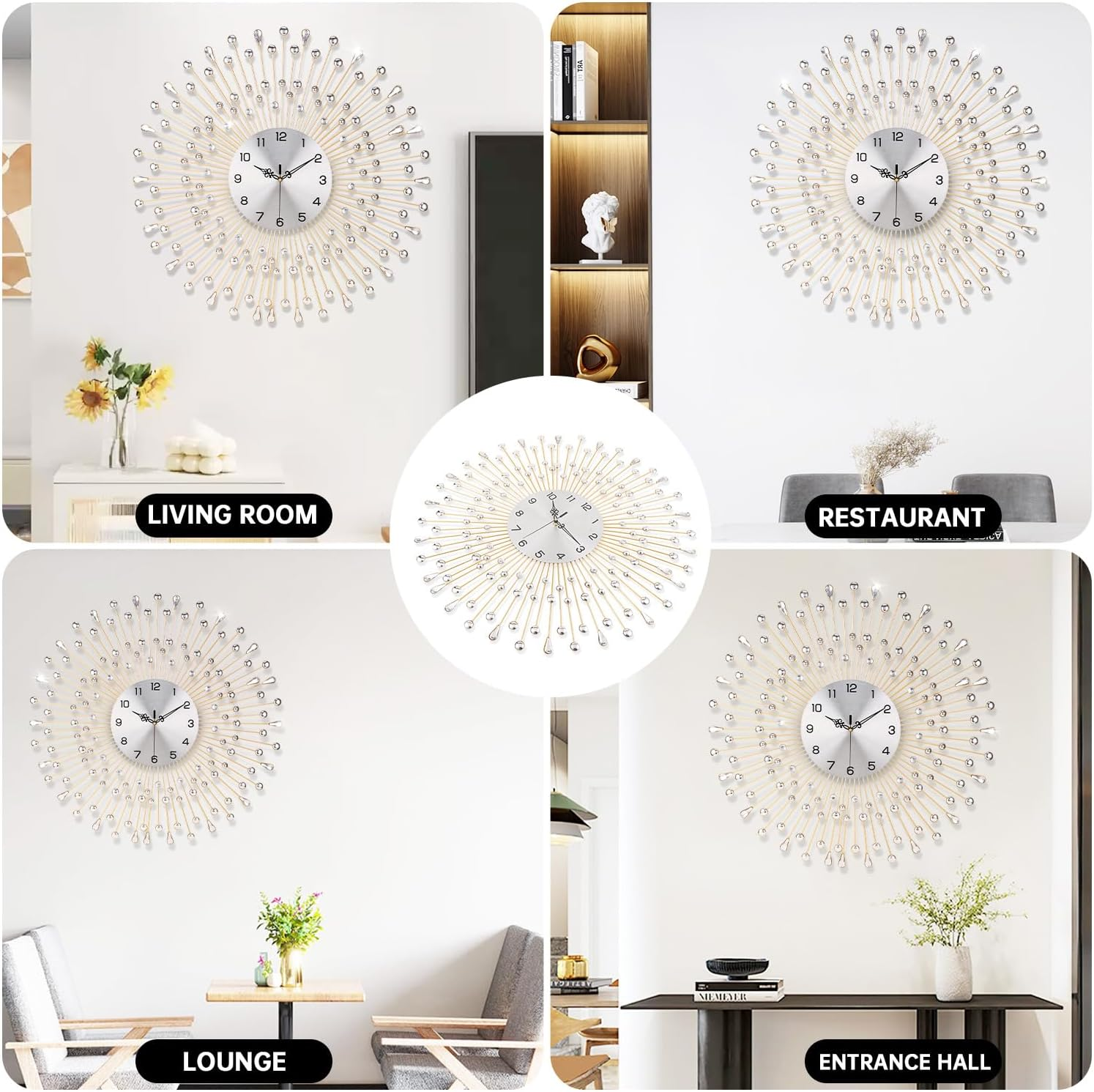 Large Wall Clock Decorative with Dazzling Crystals, Battery Operated Modern Elegance, Metal Wall Clocks for Living Room & Bedroom Decor, Exquisite Kitchen Decoration Clock 20 Inch Sm888-50Diy image number 3