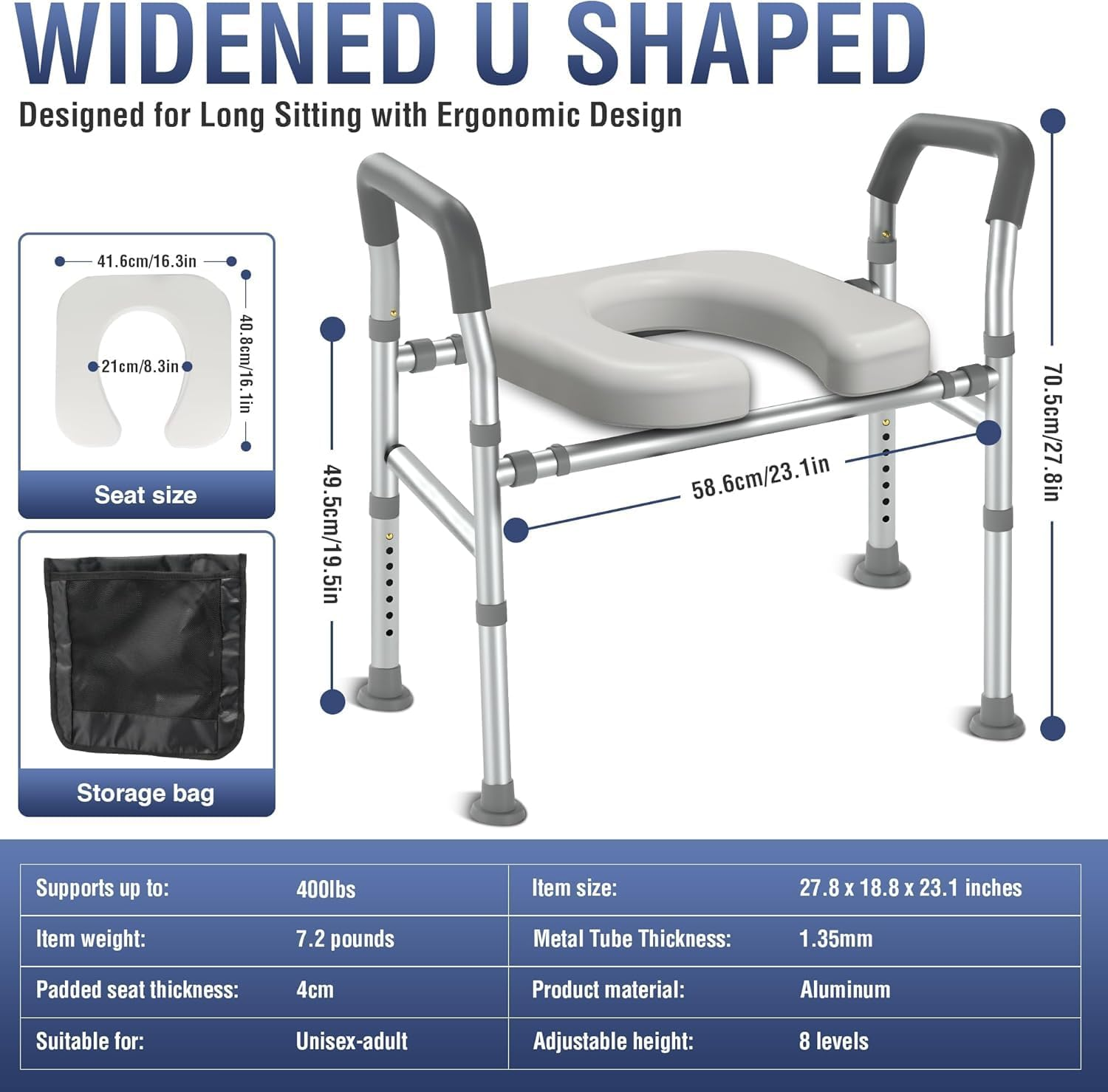 Raised Toilet Seat with Handles, Width & Height Adjustable Raised Toilet Seat, FSA/HSA Eligible 400Lb Armrests & Wide Seat, Standard Raised Toilet Seat for Seniors, Pregnant, Handicap, Fit Any Toilet image number 4