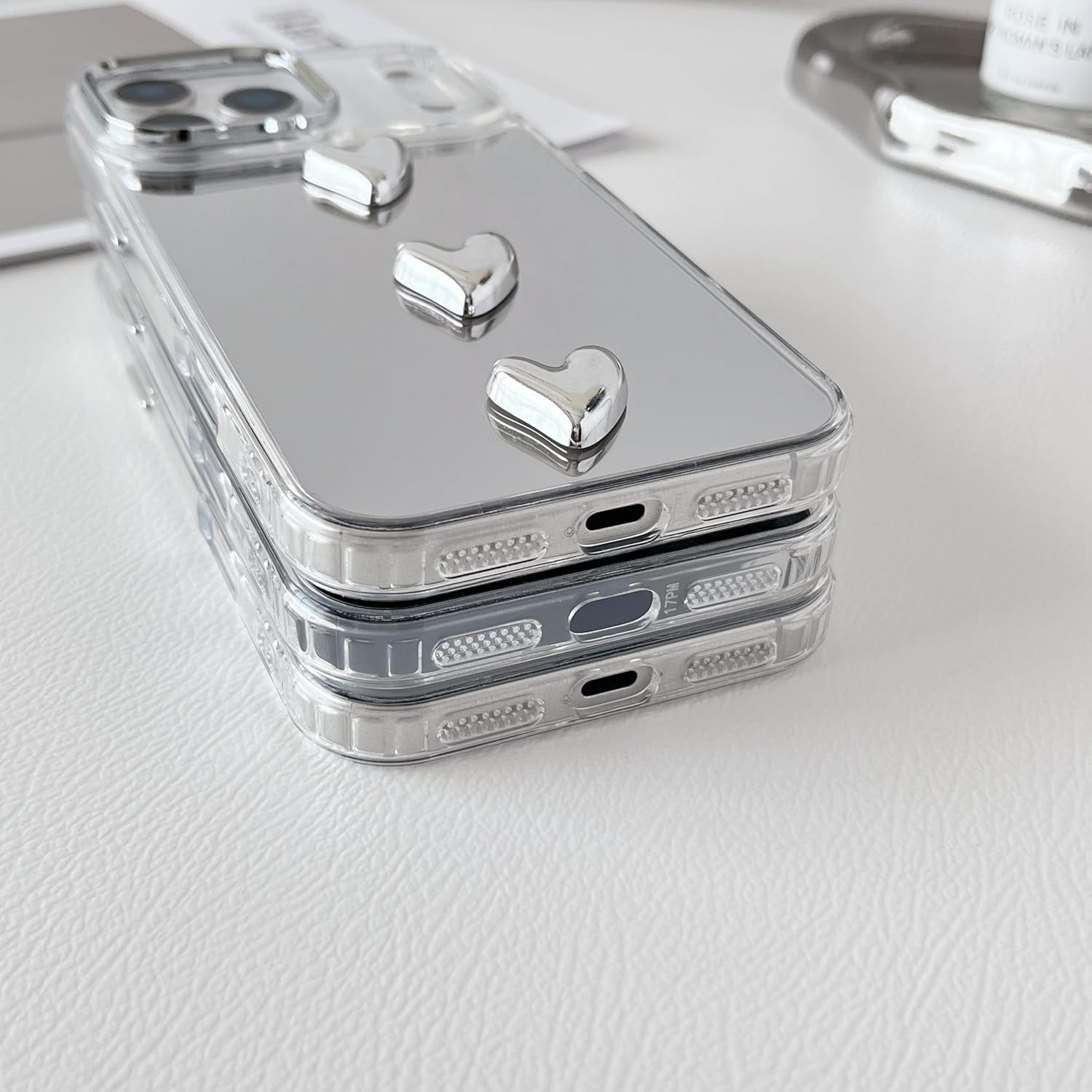 ZTOFERA for Iphone 17 Pro Max Case, Cute Mirror Case with 3D Love Heart for Girls Women Makeup, Flexible Shockproof Anti-Scratch Protective Cover for Iphone 17 Pro Max - Sliver 5 Hearts image number 3