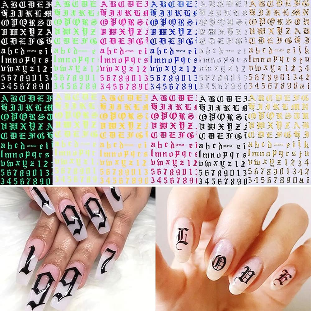 Nail Stickers Self-Adhesive Nail Sticker Letters 3D Nail Stickers Letters Old English Alphabet White Black Gold Silver Letters Nail Design Nail Art Decoration (12 Sheets) image number 3