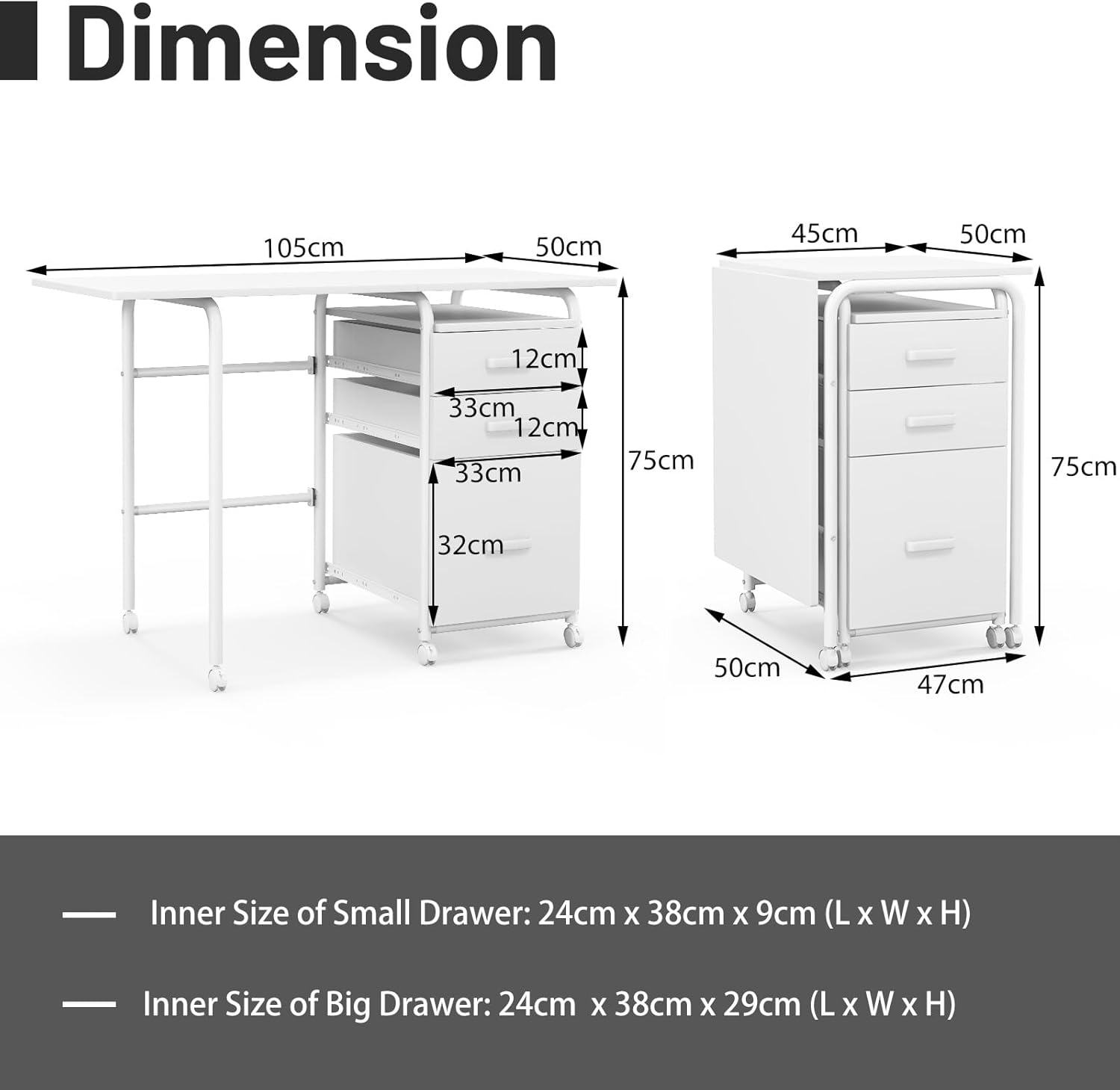 Giantex 2-In-1 Folding Computer Desk for Small Space, Rolling Home Office Desk with Drawers & Lockable Universal Wheels, Mobile Study Writing Desk for Living Room, Office, Bedroom & Study (White) image number 6