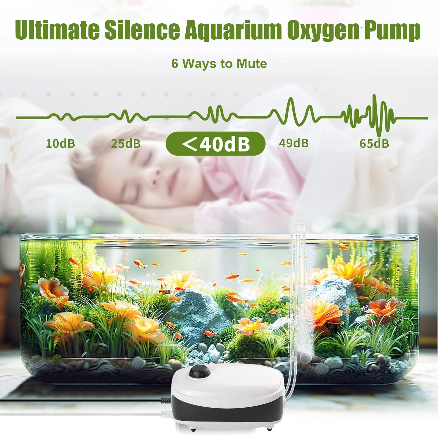 Fish Tank Air Pump Dual Outlet 4W Aquarium Electric Air Pump, 6L/Min Quiet Adjustable Oxgen Pump, Aquarium Air Bubbler with All Accessories for up to 40-650L Fish Tank image number 5