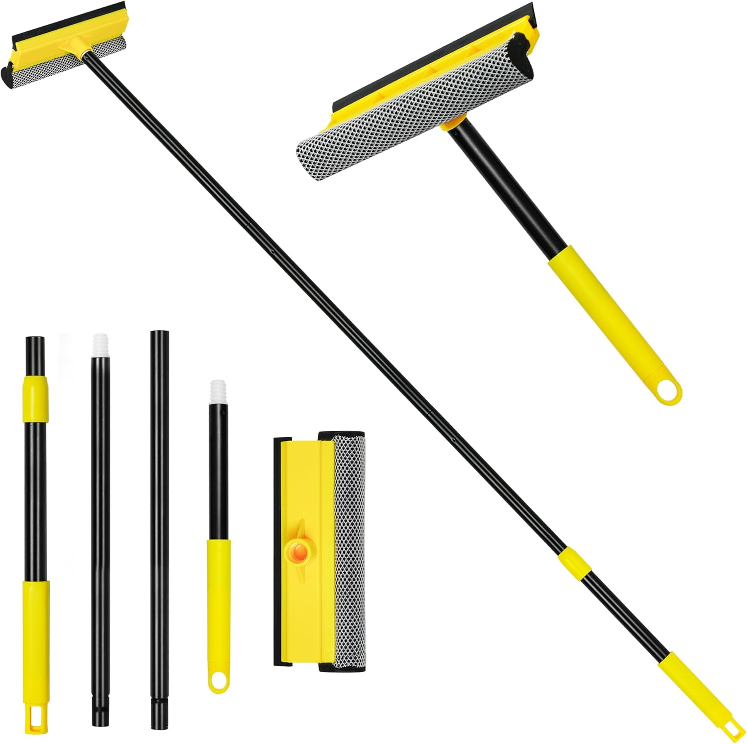 NEWE Window Cleaner Tool, 2-In-1 Squeegee with Sponge & Dual Side Blade Rubber, Window Washing Kit with Extension Pole for Glass, Shower Door, Car Windshield