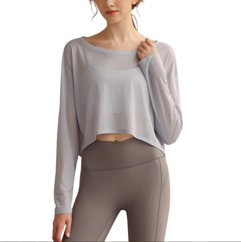 Skywardzizi Women'S Sportswear Loose Long Sleeve Tops Yoga Wear Short Length Navel Reveal Transparent Fitness Tops Sexy Dance Gym Yoga Shirt