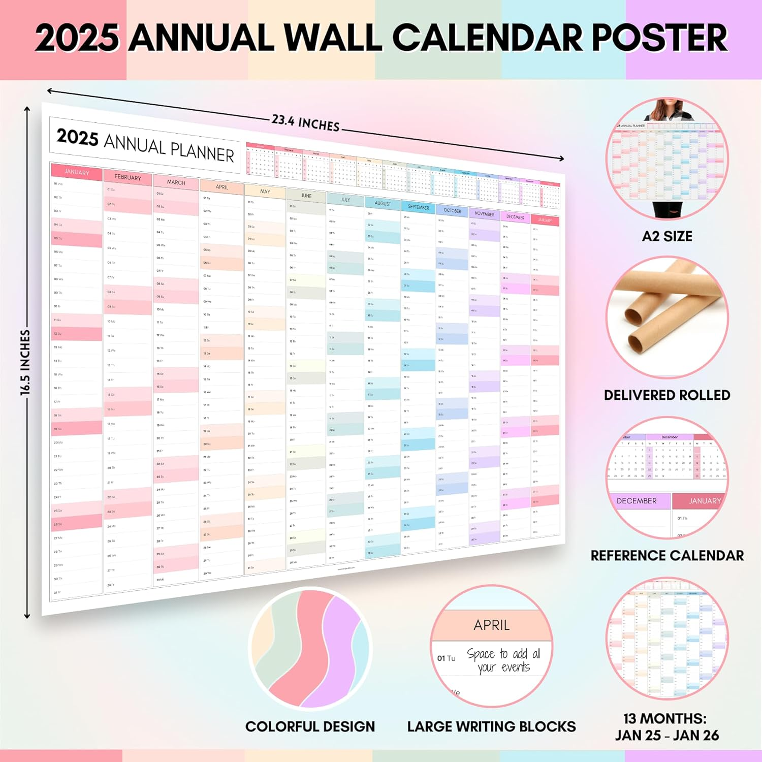 2025 Monthly Wall Planner, A2 60Cm X 42Cm | Rainbow Wall Calendar 2025, Year Planner, Full Year to View | Organiser for Office, University, School | Colorful (Rolled)