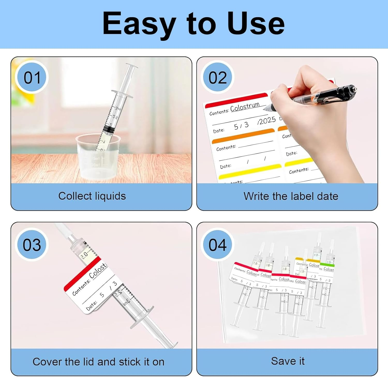 42 Pieces 3Ml Colostrum Syringes with Caps, Colostrum Collector Kit Include 20Pcs 3Ml Sterile Syringes, 1 Measuring Cup, 1 Storage Bags, 20 Labels image number 3