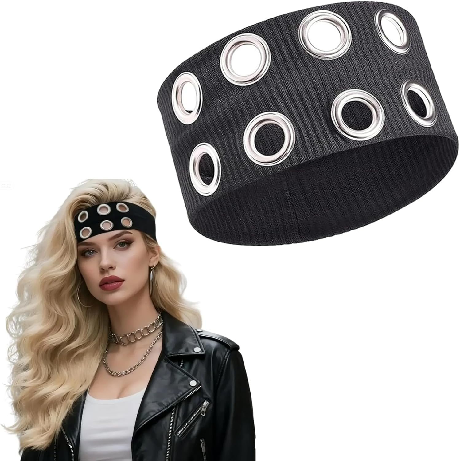 Punk Grunge Wide Hair Bands Women Hollow Eyelets Elastic Headband Hair Band with Rivets Wide Punk Rock Headband with Stretch for Women Fitness Yoga and Running image number 4