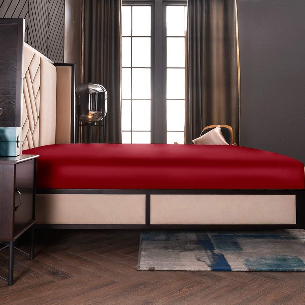 THXSILK Fitted Sheet, Silk Flat Sheet, 160 X 200 Cm, Red Silk Flat Sheet, 100% Pure 19 Momme Mulberry Silk Bed Linen, Fitted Sheet for Standard Mattress, 30 Cm image number 2