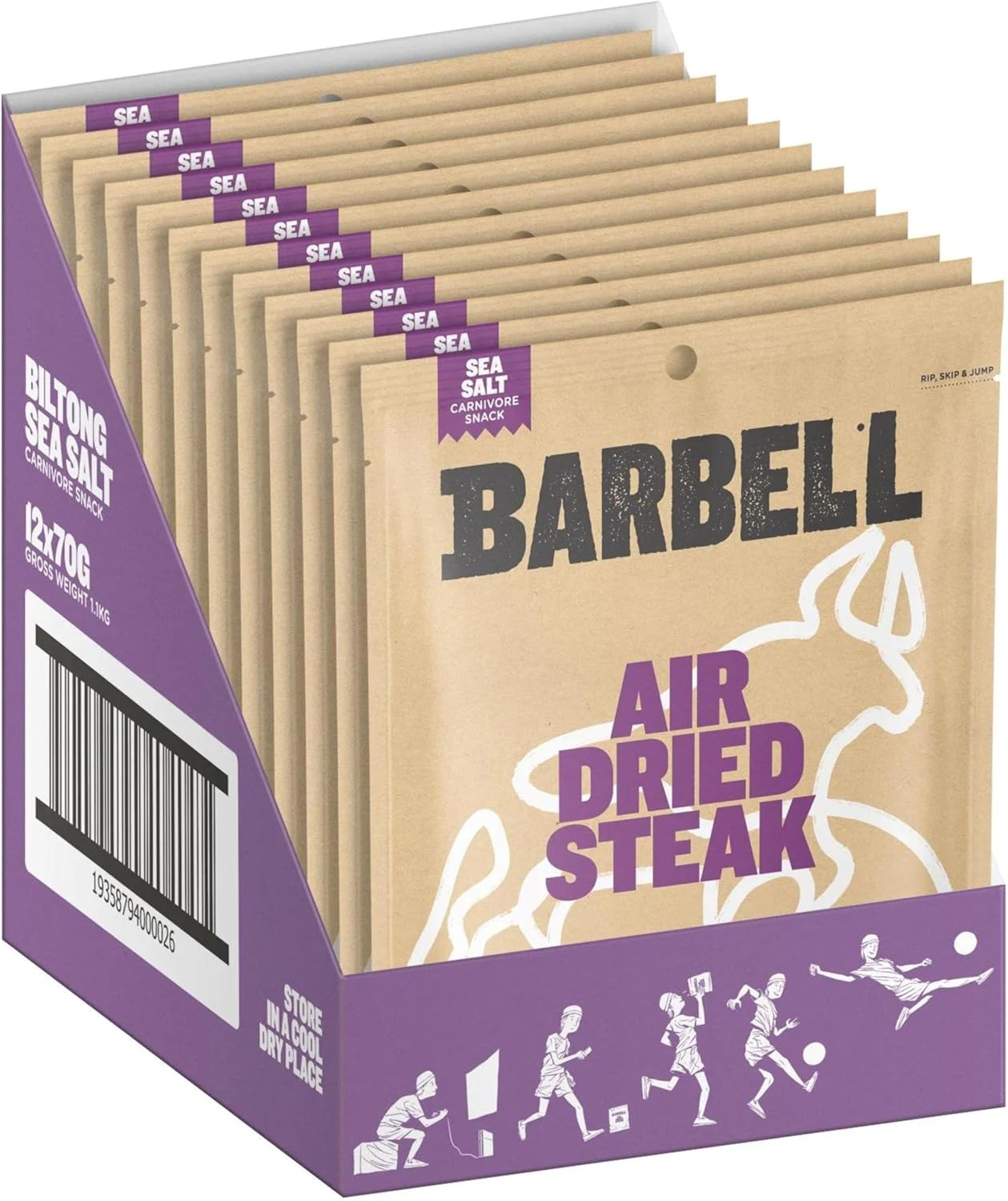 Barbell Biltong Air Dried Steak, Classic, 12X70G Bags, Grass-Fed Beef, High Protein Meat Snack image number 1