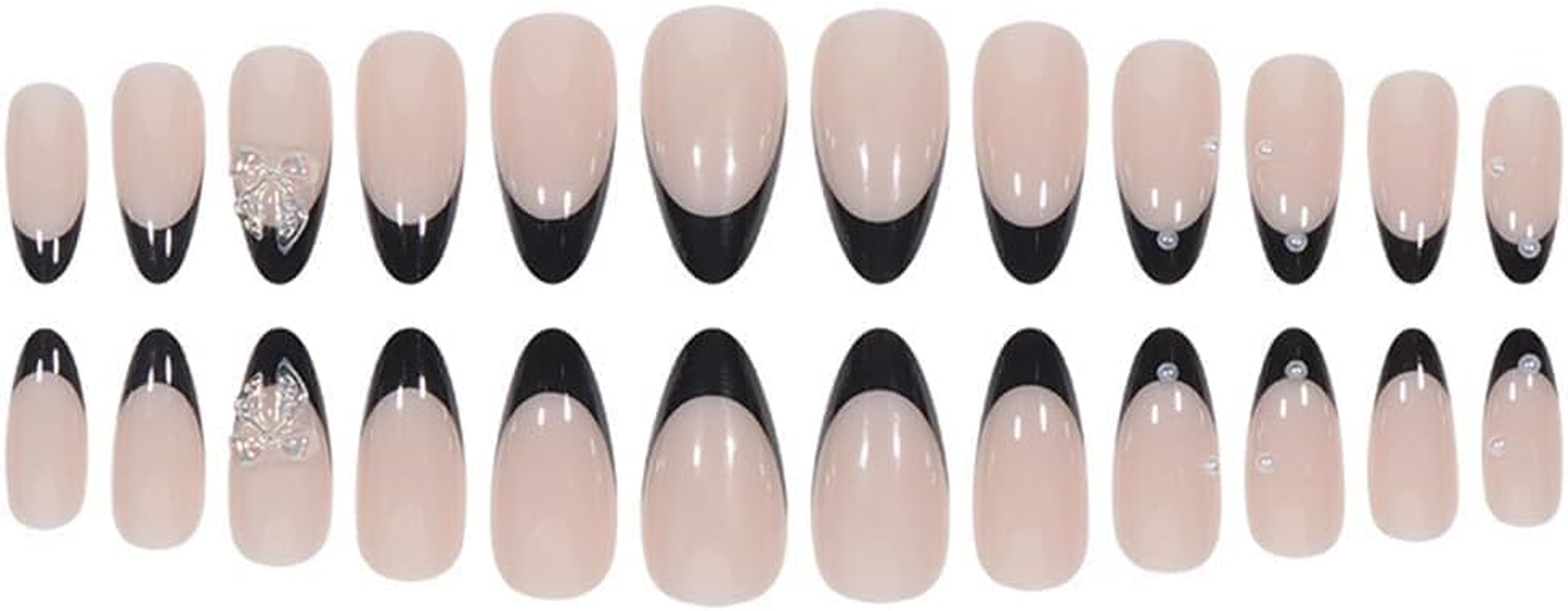 24PCS Short False Nails Almond, French Tip Black Press on Nails Designs, Glossy Removable Glue-On Nails Fake Nails Set with Glue Stickers, Acrylic Full Cover Stick on Nails for Women Girls