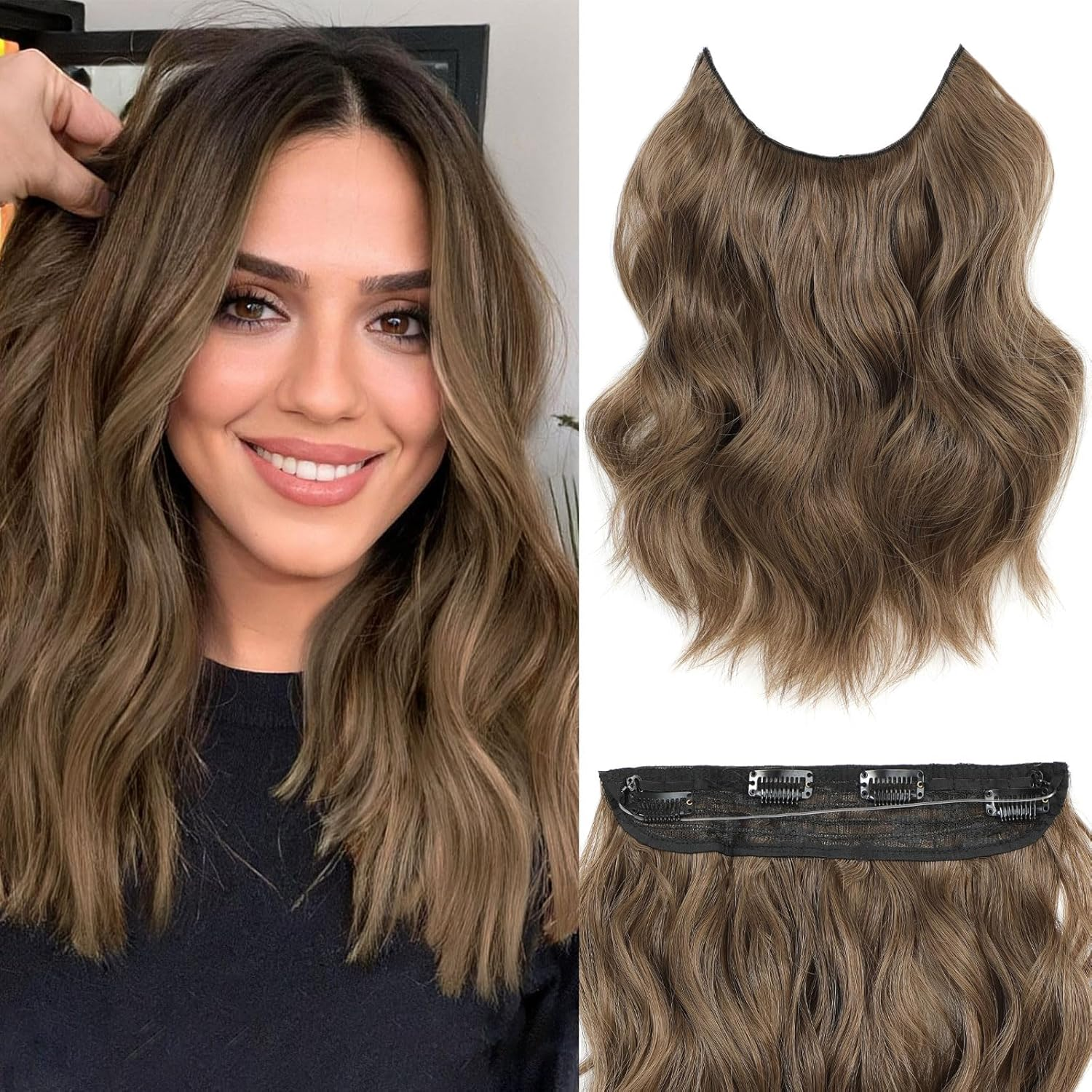 BUPPLER Halo Hair Extensions 12 Inch Invisible Wire Hair Extensions Adjustable Long Wavy Hairpiece Synthetic Upgrade 4 Secure Clips in Hairpieces 12 Inch,Light Brown image number 3