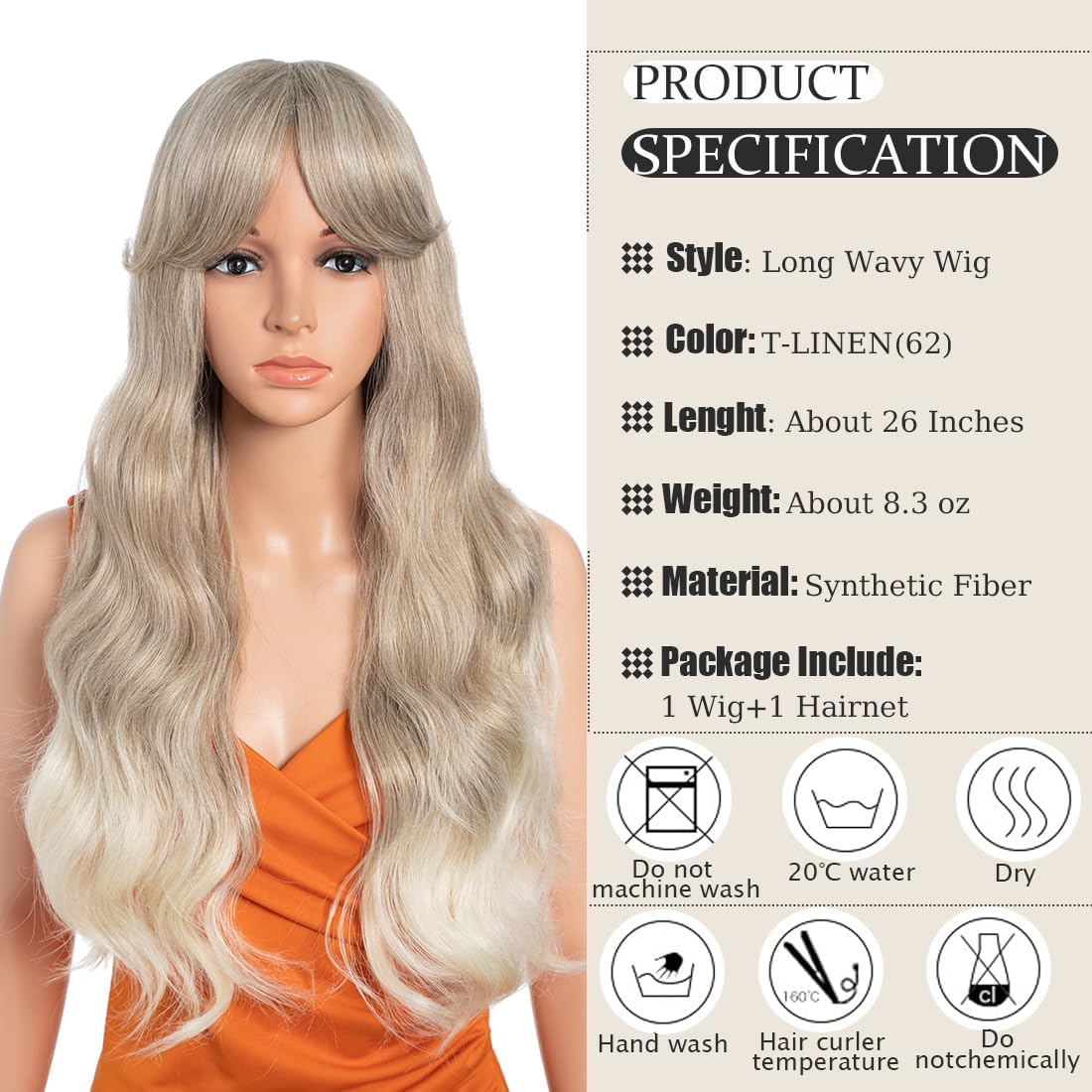 26 Inch Long Wavy Wigs for Women, Black Wig with Bangs, Ombre Brown Wig with Dark Roots, Long Layered, Heat Resistant, Synthetic, Natural Looking for Daily Party Use (T-LINEN (62))