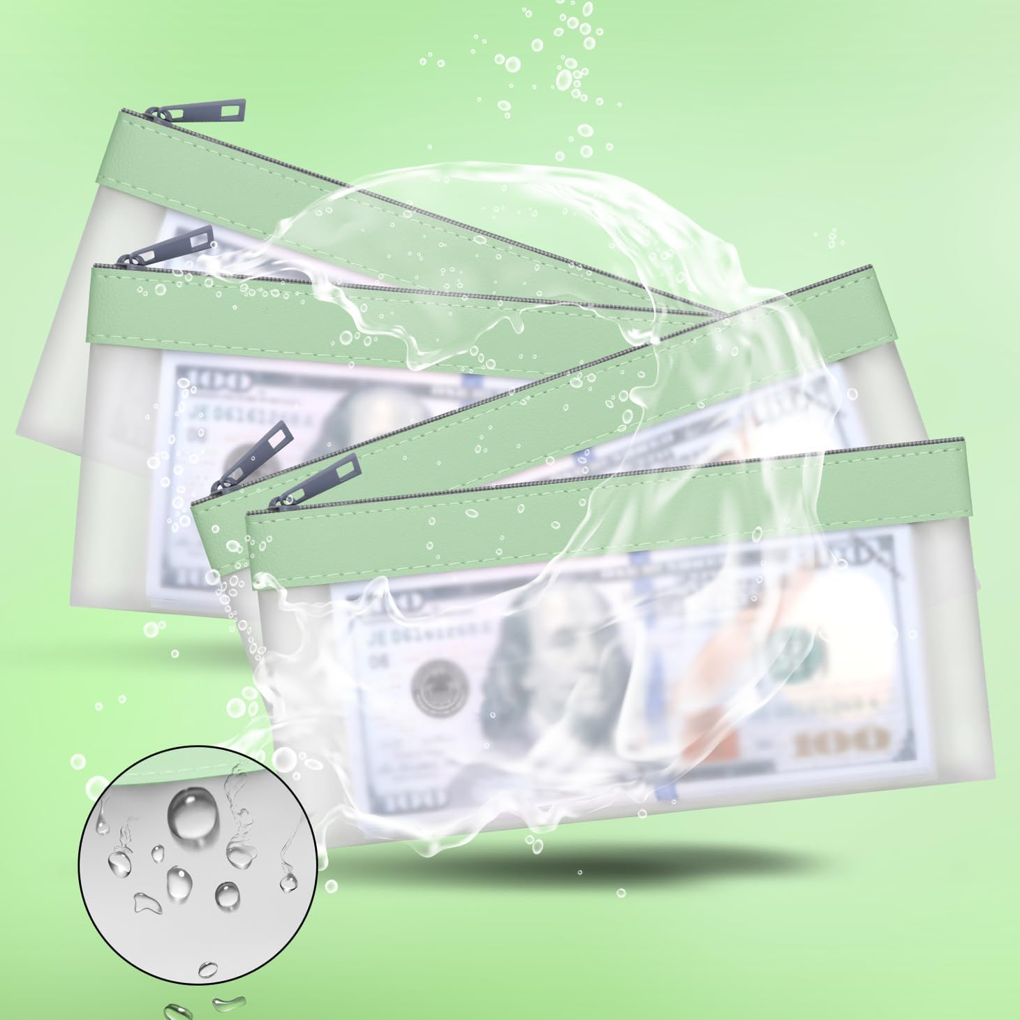 4 Pieces Money Bags with Zipper, Cash Envelopes,7.6 X 3.7 Inch Money Pouch, Clear Bank Deposit Bags, Bank Bag, Cash Bag, Coin Bag for Collectors, Multi-Purpose Check Wallet with 4 Colors, Green, 7.6 X - 8 Colours image number 3