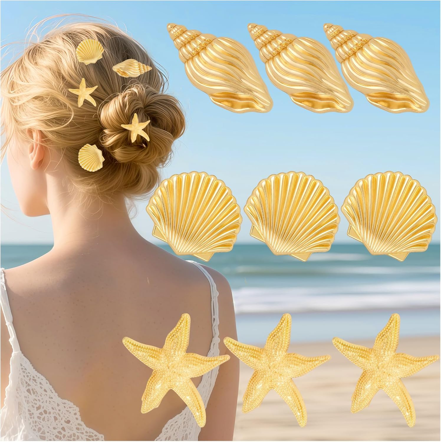 9Pcs Small Starfish Hair Clip Cute Metal Hair Clips Gold Hair Pins for Women Girls Cute Hair Accessories Metal Hair Barrettes Mini Alligator Clips Fashion Shells Beach Vacation Stuff Aesthetic Gift image number 3