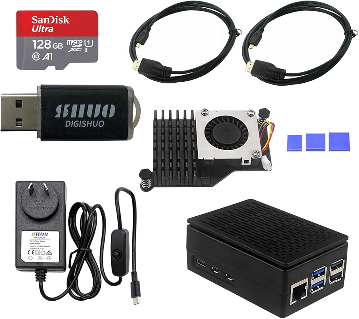Raspberry Pi 5B Type B 4GB RAM DIY 9-In-1 Kit | 5.1V 5A Power Supply | 2X Micro HDMI Cable | San Disk 128G SD Card Micro SD | Pi 5 Active Cooler | Balck Protective Case (5B 4G 9 in 1 Kit) image number 4